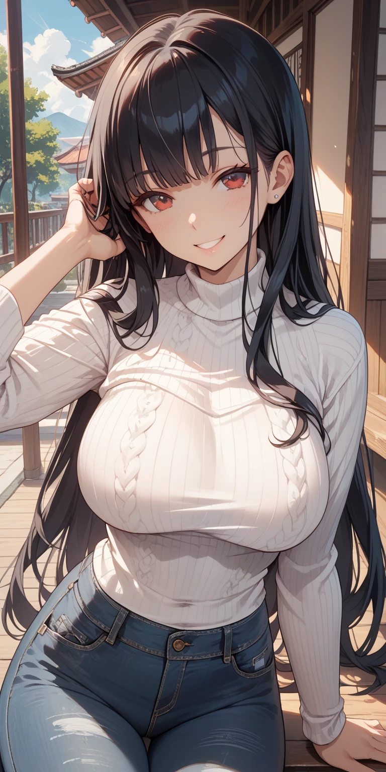 (masterpiece, Highest quality:1.2), Mature Woman、40 years old、Black long hair、wrinkle、White tight sweater、Flesh-colored jacket、White short skirt、Fold your arms above your head、indoor、