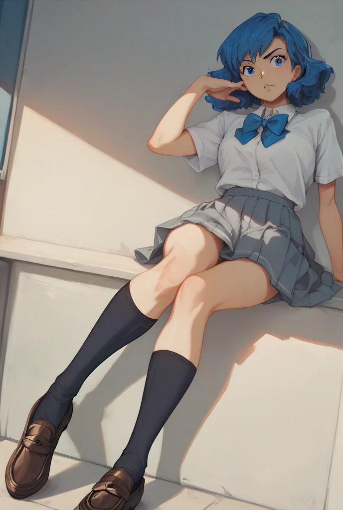 Masterpiece, Best quality, a beauty girl, hair over shoulders, Light blue hair, Green eyes, school uniform, Socks,
