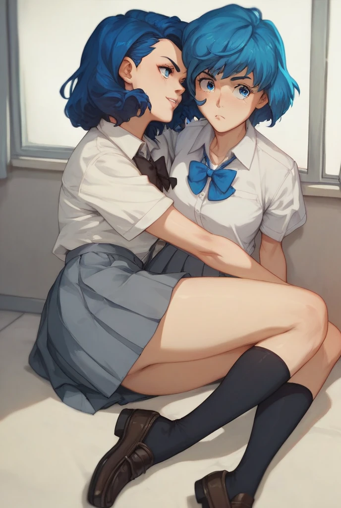 make bulma, dragon ball, blue hair, short, Large and round breasts, big ass, foot raised and the other on the ground, uniform, red highlighted pussy, raised blouse , classroom , kissing a ,