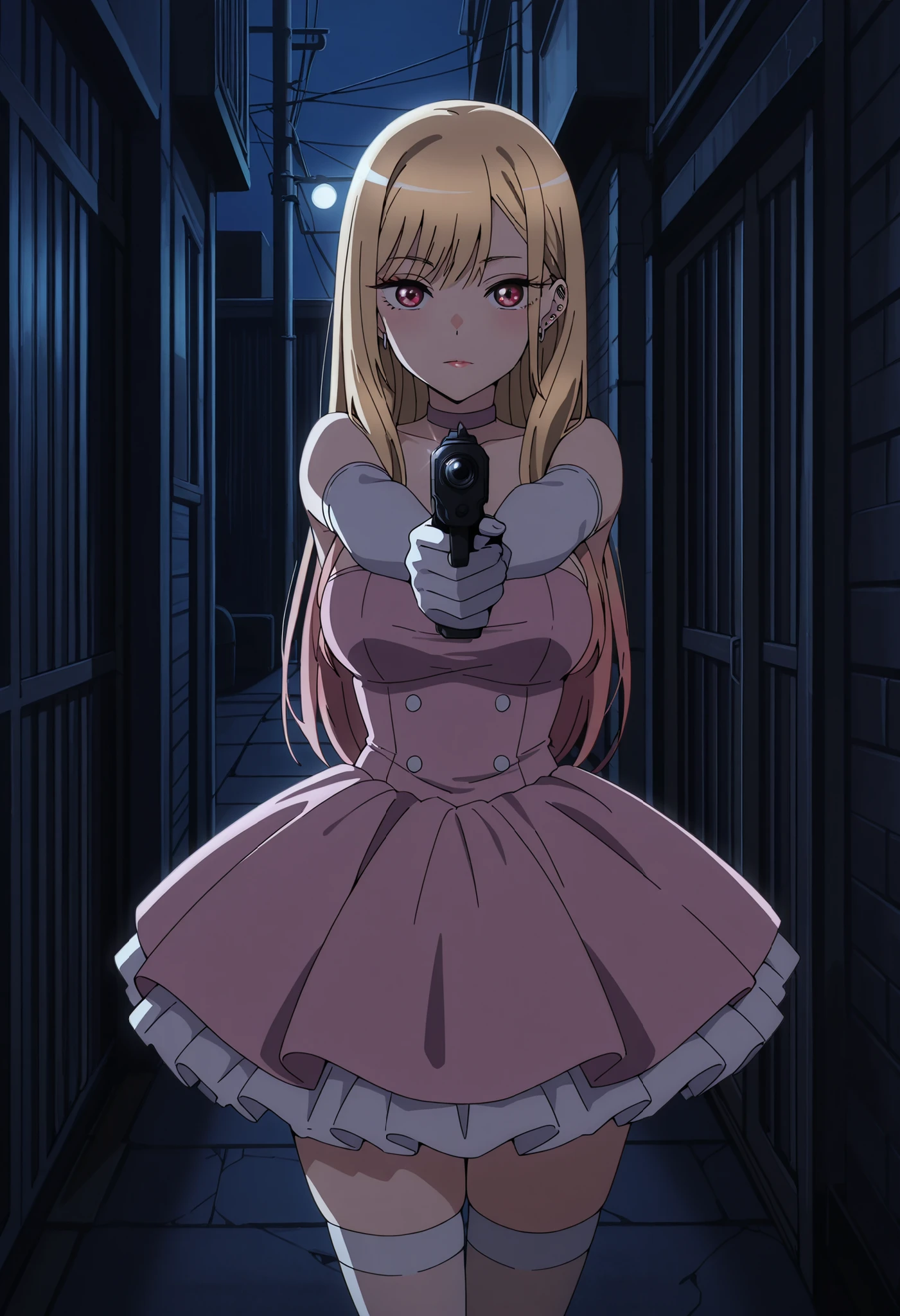 Score_9, score_8_up, score_7_up, source_anime, Marin Kitagawa, 1girl, solo, blonde hair, long hair, multicolored hair, red eyes, earrings, ear piercing, large breasts, (best quality), (high quality), {masterpiece}, extremely delicate and beautiful, ultra-detailed, beautiful detailed eyes, idol, idol costume, pink dress, white elbow gloves, white thighhighs, in the backalley, night, holding handgun, aiming at viewer, glare, pink lips, closed mouth, standing