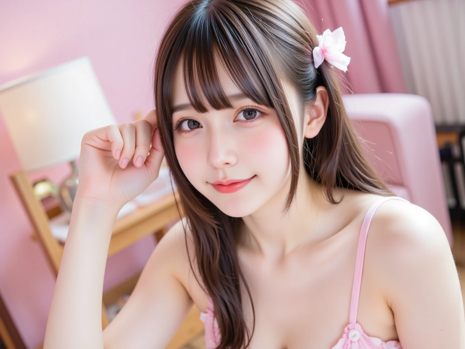 (Highest quality, masterpiece:1.2), Ultra-high resolution、One person、stand.A beautiful Japanese girl from an early age、, Friend's house、Bathroom dressing room、Teen、Puberty、Pink striped underwear、 Something is wrong、, Very detailed, Realistic, P金traiture, Bright col金s, Fine sentences、Wavy Hair、Black Hair、bangs、One is a ponytail、Or pigtails、Hair accessories such as ribbons、Nogizaka Idol、A little blush、Beautiful and kind eyes、Strong smile。、Proactively、'you'、the body is slim、Bust A cup、Powerful and sexy images。Baby Face、relax、Victory smile 、Random color underwear、Non-NSFW images、Her parents are watching off-camera...。Everyone is safe..。、(Full body image)
