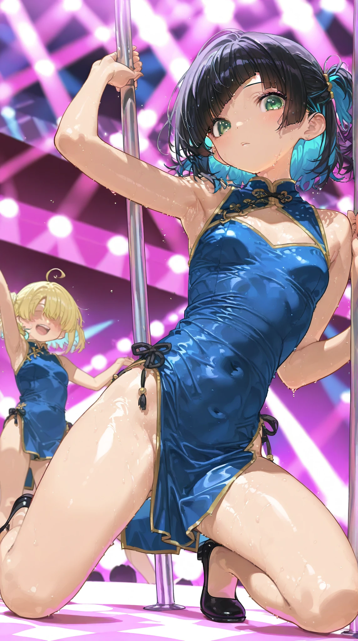 (( 1girl in)), (NSFW)、blush,Pink hair、Parted bangs、Forehead、white forehead protector、green colored eyes、( Red Leotard) ,On stage、flat chest、big butts、((thick thighs))、Sweat、((:D))、Surprised、(Straight hair)、Armpits、Hands behind the head、spreading legs、(White shoulder armor)、Gold decoration、Blue crystal