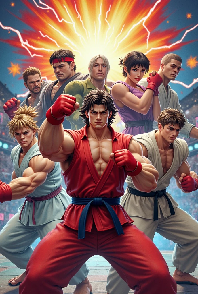 masterpiece, best quality, highres, absurdres, (realistic:1.2), solo, looking at viewer, short hair, shirt, black hair, gloves, 1boy, navel, male focus, thighs, sleeveless, belt, pants, fingerless gloves, torn clothes, muscular, feet out of frame, headband, thick thighs, abs, thick eyebrows, pectorals, muscular male, bara, red gloves, large pectorals, veins, sunset, black belt, fighting stance, white pants, torn shirt, dougi, red headband, forked eyebrows, ryu \(street fighter\)