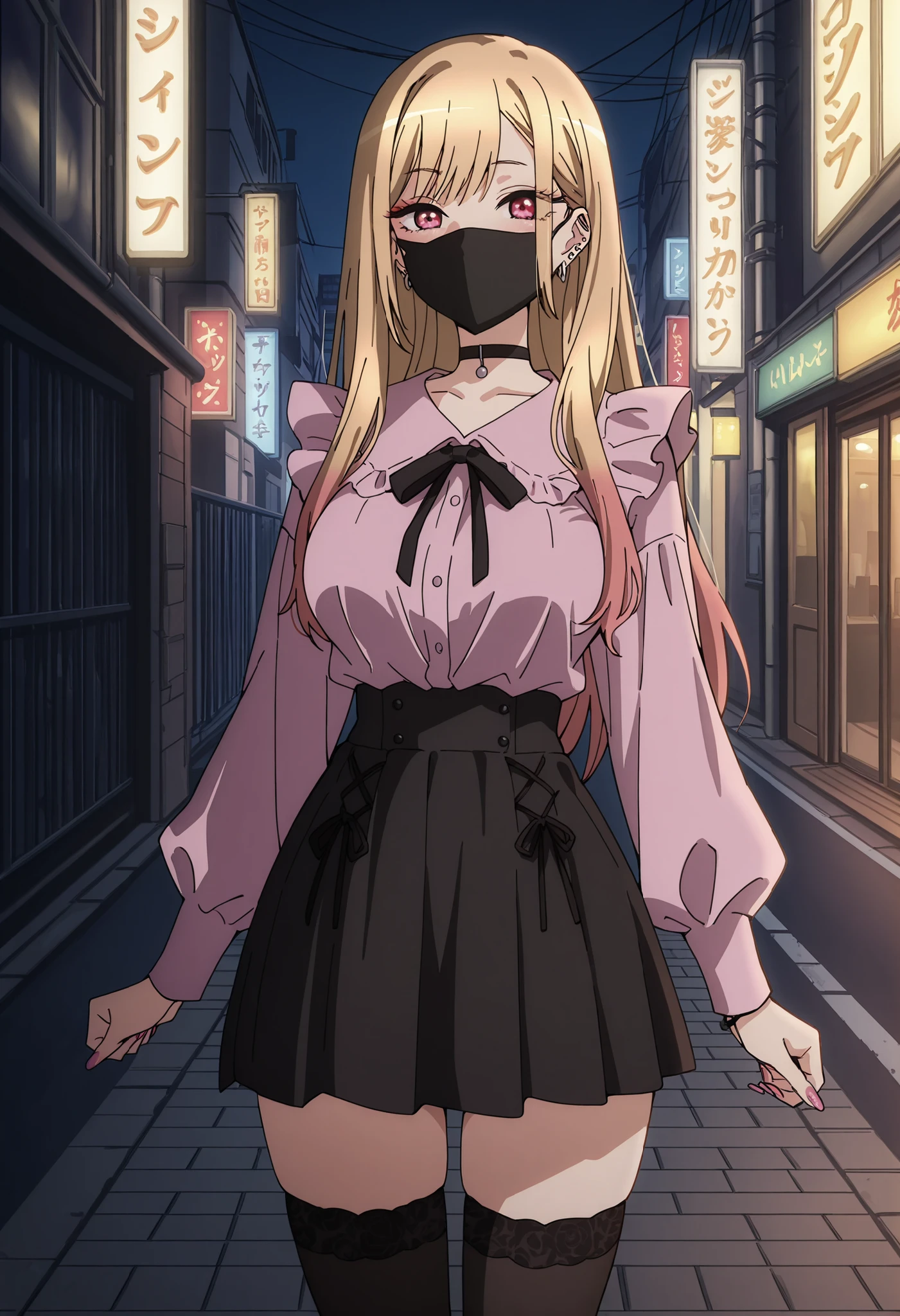 Score_9, score_8_up, score_7_up, source_anime, Marin Kitagawa, 1girl, solo, blonde hair, long hair, multicolored hair, red eyes, pink nails, nail polish, fingernails, jewelry, earrings, ear piercing, large breasts, (best quality), (high quality), {masterpiece}, extremely delicate and beautiful, ultra-detailed, beautiful detailed eyes, jirai kei, pink shirt, black skirt, black choker, black thighhighs, shibuya, street, night, ((black mask, mouth mask, covered nose)), standing