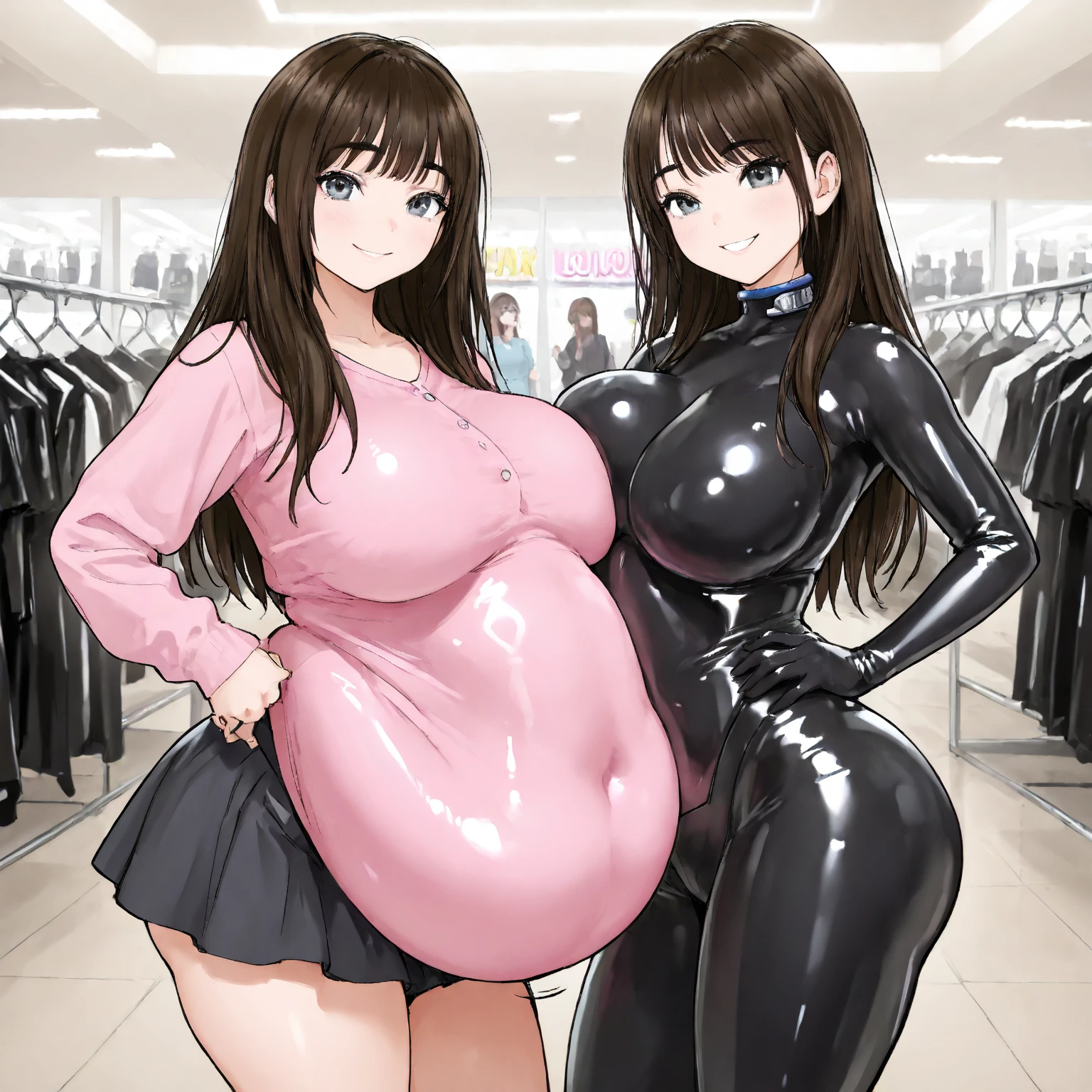 thick and curvy, brown skin, long curly brown hair with bangs, brown eyes, cute pink outfits 