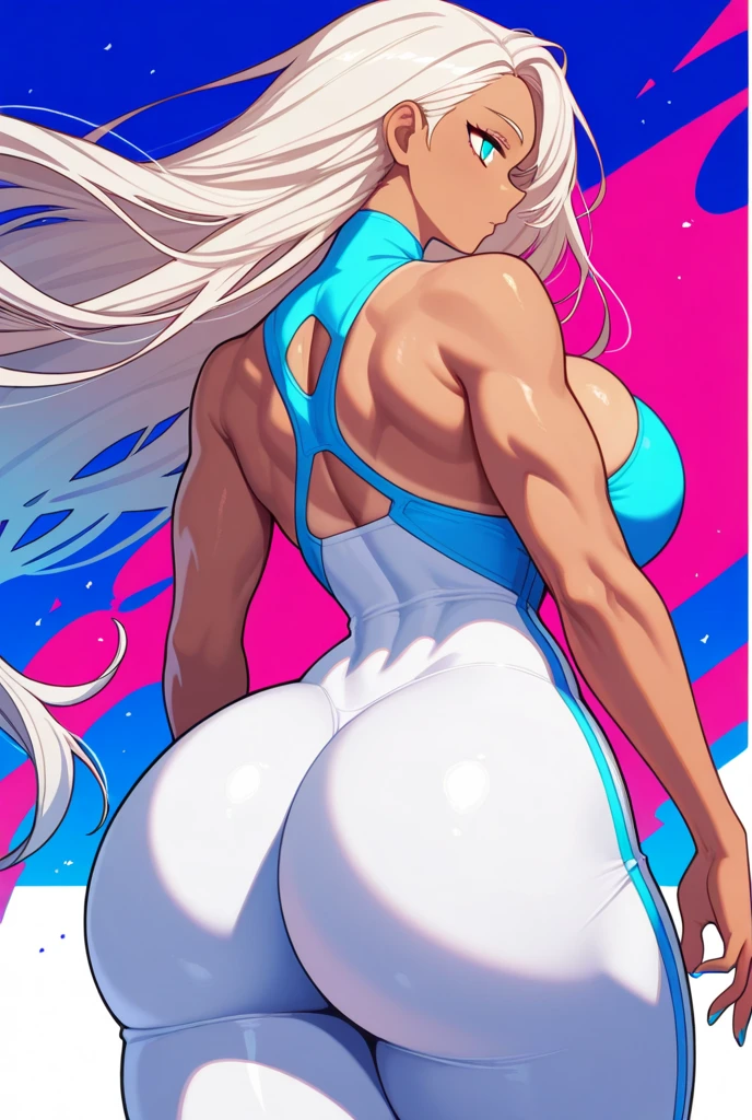 Very detailed、highest quality、Best image quality、masterpiece、8k、(Rear view:1.5)、(Turn your back:1.5)、Anime Face、A kind smile、(Open your mouth:1.3)、Sparkling blue eyes、(Blonde semi-long hair:1.5)、(Muscles of the whole body:1.3)、(White High Leg:2.0)、Thigh belt、(Cowboy Shot:1.5)、(SFW Giant)、(Thick body:1.2)、(White bra:1.5)、(sxspnts)、(Hands on hips:1.1)、(Highleg Tバックを履く:1.5)、(Tuck into the thong:1.5)