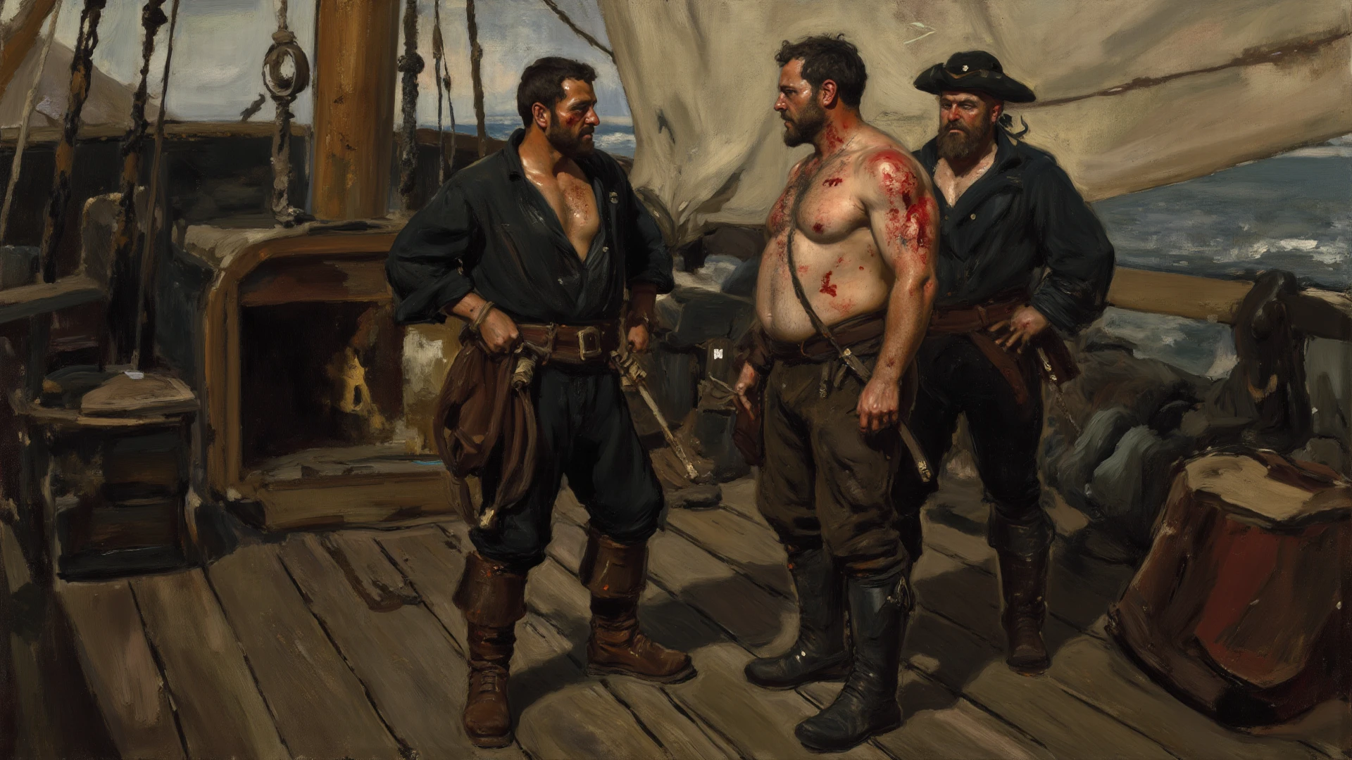 ((1 man and a group of ugly pirate NPCS - a young adult pirate boy wearing erotic pirate clothes is being stripped and sexually touched by a group of ugly group of men bastard pirates who are fingering his pussy)), ((gangbang)), ((yaoi hentai)), ((fingering cuntboy:0.3)), ((inspired by Ppata’s yaoi comics)), ((1 young man being humped by a group of ugly pirate NPCs “bend your ass over, you are our slave now!”)), ((begging)), ((well drawn group sex poses:0.2)), ((big very thick veiny cocks:0.2)), ((well drawn fingering of wet pussy:0.2)), ((well drawn detailed faces)), (bukkake), ((butt cheeks slapping)), ((fingering his wet pussy)), ((fingering from behind)), ((“rub my wet dripping pussy!”)), (((*rub rub rub*))),
