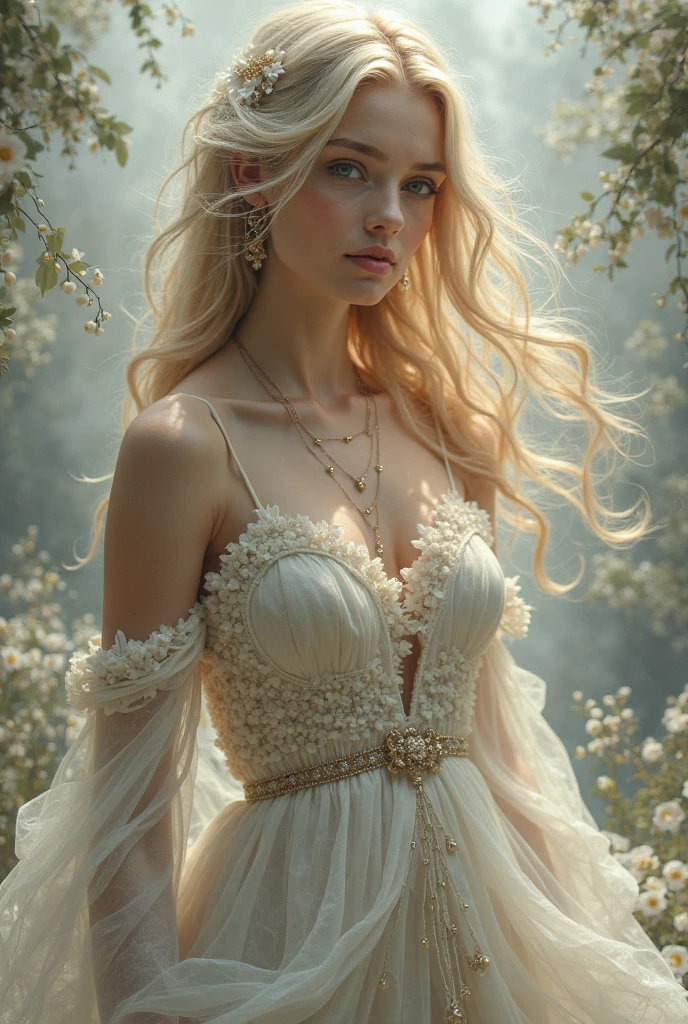 A very beautiful and young Queen of Spring, Formal wear, crown, Sitting on the throne
