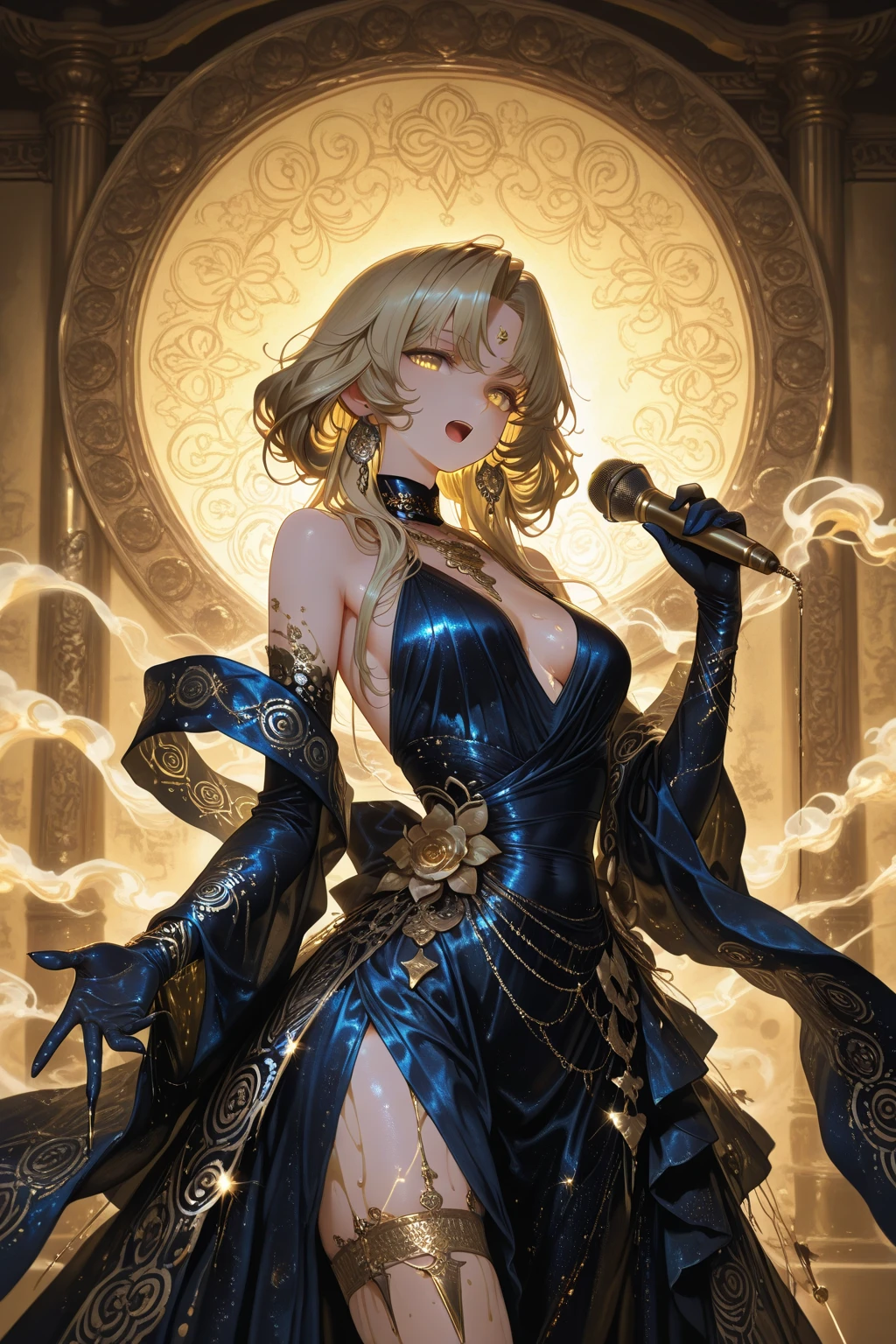 1 girl, (((best quality)), ((masterpiece)), (details), masterpiece, best quality, high quality, super detailed, perfect face, ((1 girl, blond eyes, tiger ears: 1.3 long blonde hair: 2.5, mole under left eye: 2.0)), shiny hair, shiny skin, lustful expression, (shiny sheen: 1.2), (light blue metallic latex: 1.4), (cheongsam: 1.4), cleavage, side boob, (dark blue embroidery: 1.3), (detailed lace: 1.1), stiletto heels, tobacco pipe, smoke effect