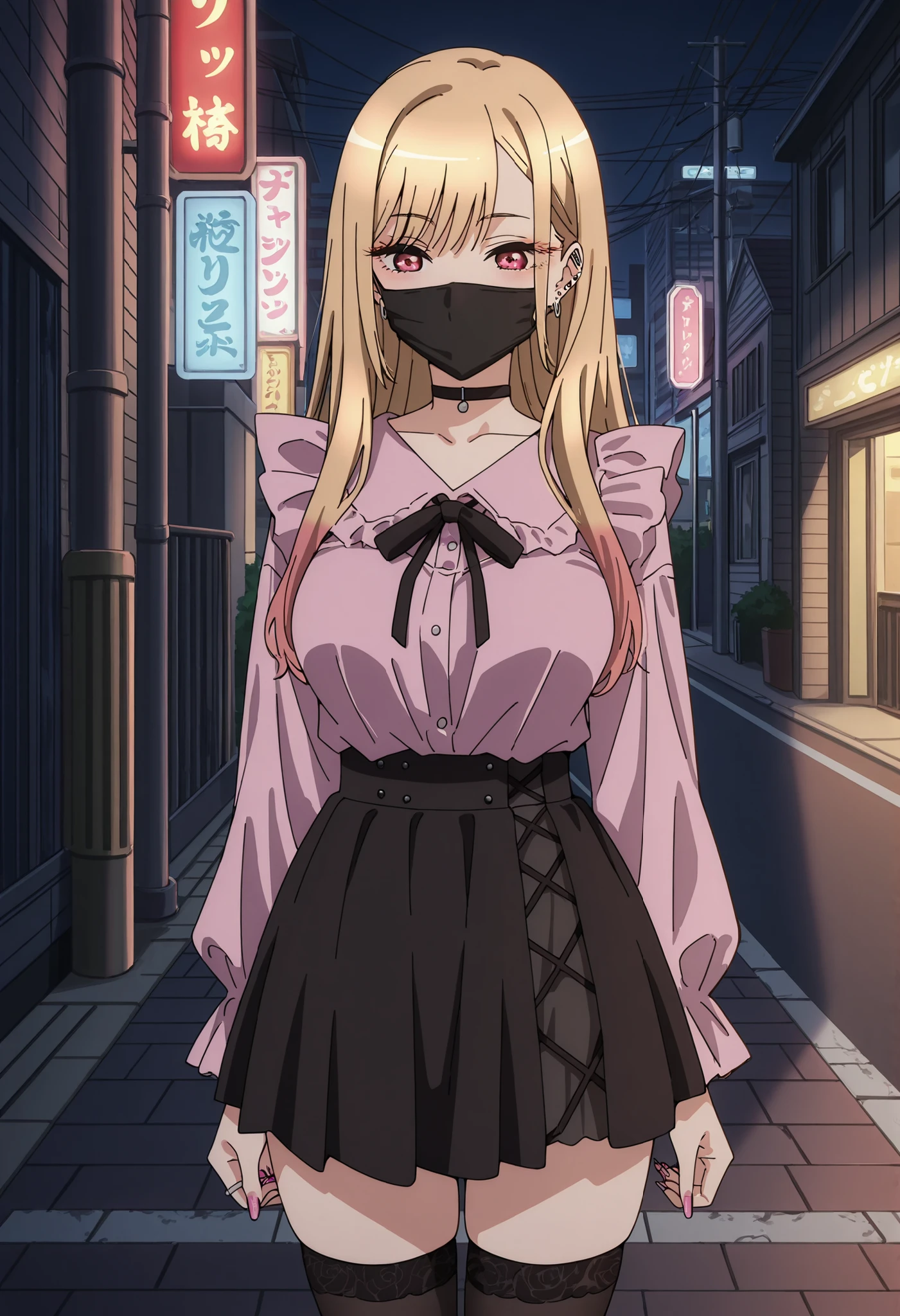 Score_9, score_8_up, score_7_up, source_anime, Marin Kitagawa, 1girl, solo, blonde hair, long hair, multicolored hair, red eyes, pink nails, nail polish, fingernails, jewelry, earrings, ear piercing, large breasts, (best quality), (high quality), {masterpiece}, extremely delicate and beautiful, ultra-detailed, beautiful detailed eyes, jirai kei, pink shirt, black skirt, black choker, black thighhighs, shibuya, street, night, ((black mask, mouth mask, covered nose)), standing