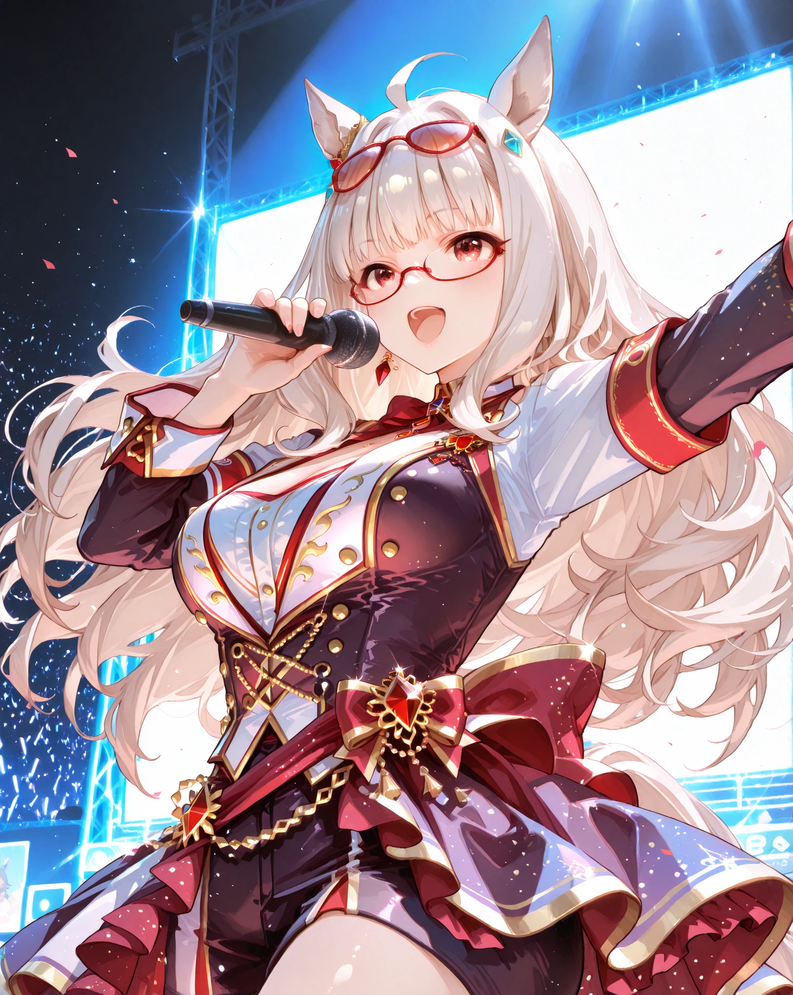 yabuki,shijyo takane(idolm@ster), biwa hayahide\(umamusume\) Biwa Hayahide from Uma Musume and Shijo Takane from Idolmaster, both wearing their respective game's stage/racing outfits, singing joyfully with big smiles on a simple stage. They are in an energetic, celebratory, 'Umapyoi-like' pose, with a focus on their expressions and interaction. Simple background, bright lighting. glasses