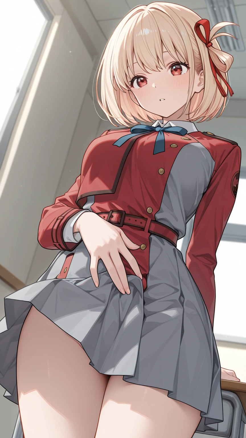 Showing panties、Anime girl in a red coat and skirt, Lift up your skirt、Blushing、Showing panties、Pull up your skirt、Short Hair、Alley
