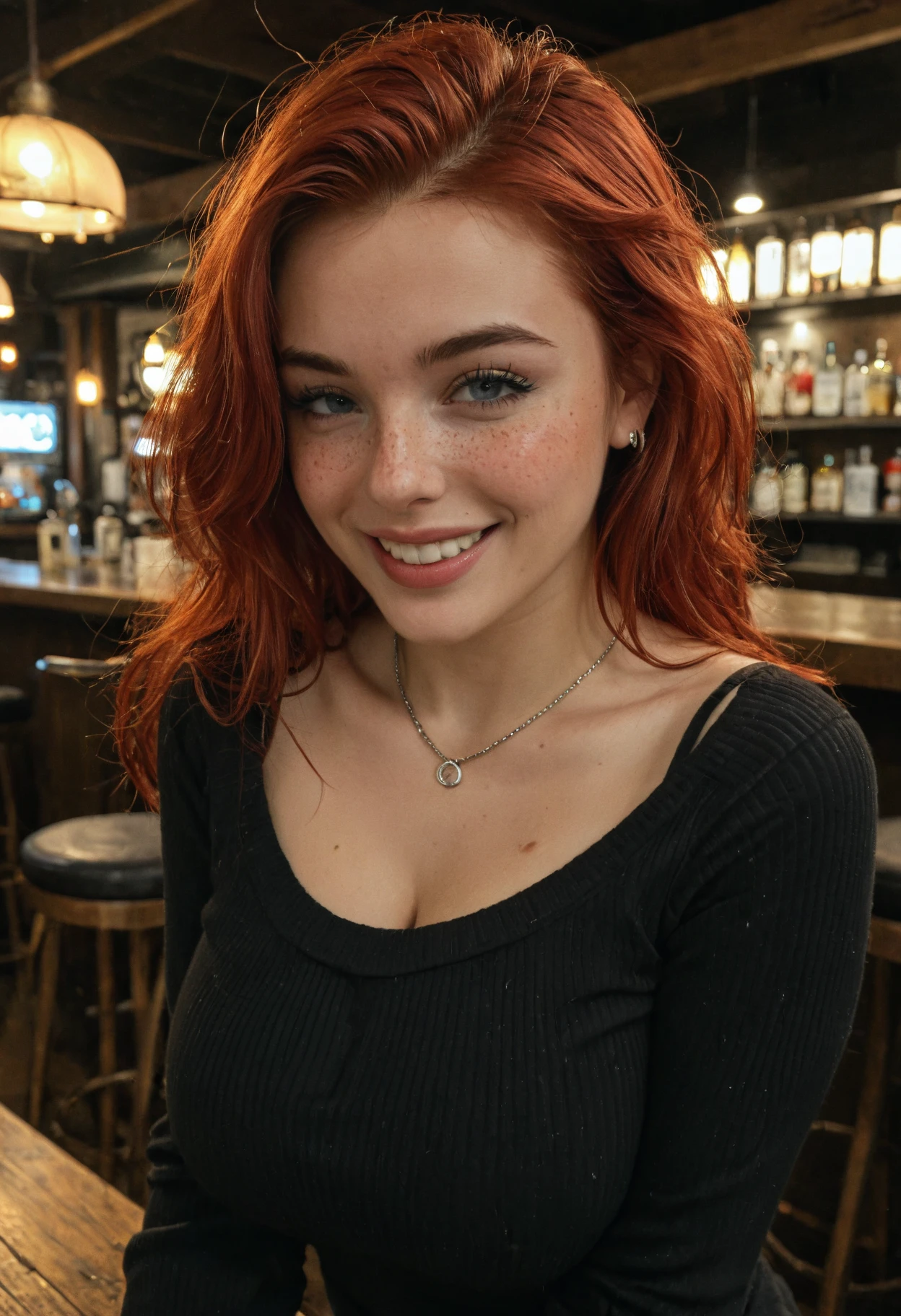 ((best quality)), ((masterpiece)), (detailed), ( perfect face, natural face expresion, young skinny girl, thin legs, thin thighs), (((red hair)),green eyes, wavy long hair, freckles) (night time, pub, bar, beer on table, whisky on bar) (make up, silver neckles, silver earings, green eyes, slight smile, red lips),(wear black dress) bright red hair, 36C ??????, long red hair, shy smile, dark red lips, dark eyeshadows, eyeliners,beautiful and ???? white woman, ?????????? with a man with a huge ?????,