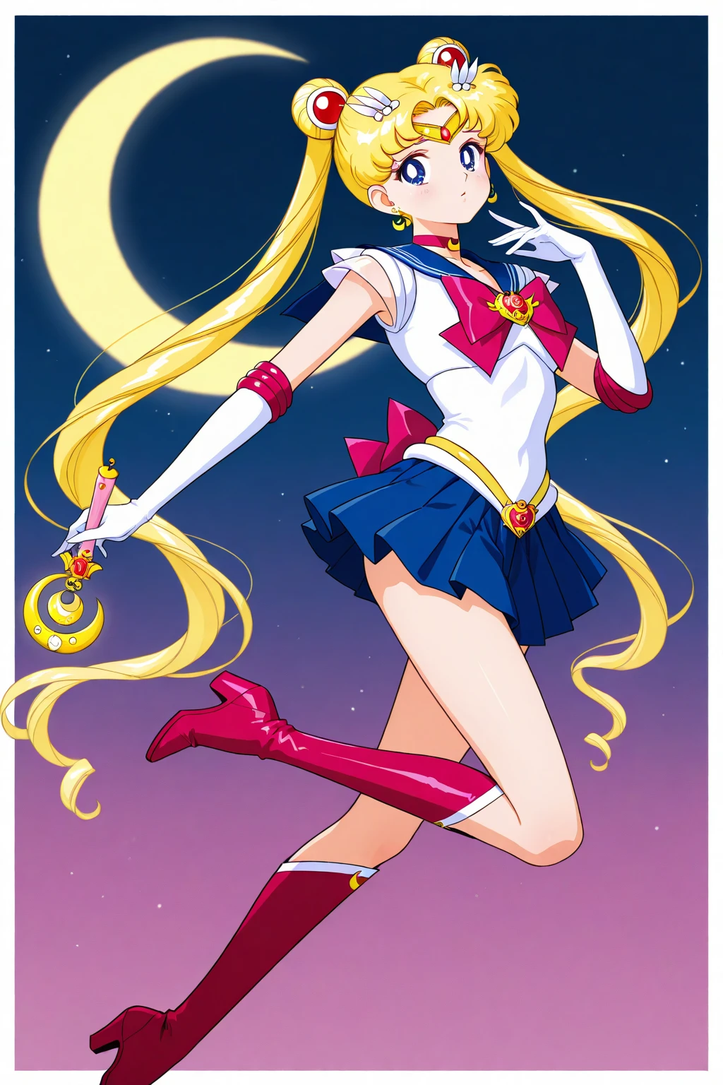 STICKER (Sailor Moon), cosplay, face view, ass view, high heeled boots, show boots, ultra detailed, masterpiece, best quality, sticker with borders, tan skin, ponytail,(sailor moon costume), blue eyes, blonde hair, long hair, smile, nsfw, big breasts, thigh highs, panties, wide hips, short, solo, full cleavage, full body portrait, model pose, show all, wide angle view, multiple