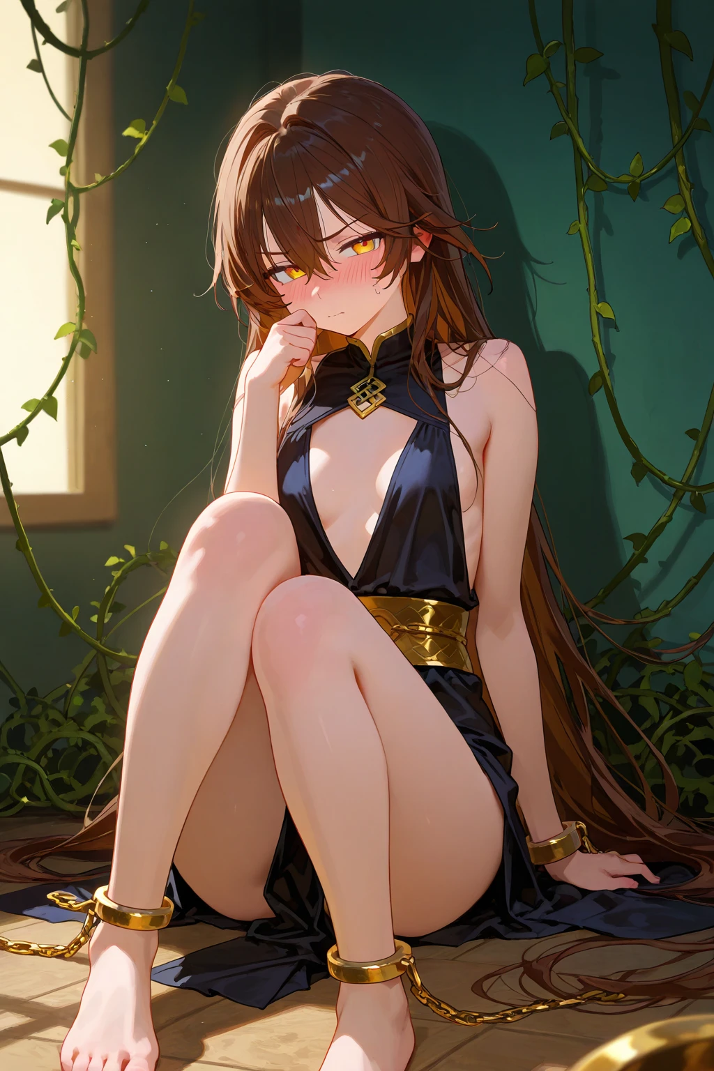 ((masterpiece)), (anime:1.5), ((highest quality)), (RAW Photos:1.2), (High resolution:1.3), (Professional photography:1.2), (chromatic aberration), (Wide Shot:1.3), Textured skin, cinematic Lighting, ((12 years old)), One girl, Grin, (Cute teen beautiful girl), break, ((Glossy Lips)), Beautiful model body shape, Light_green_eye, Big earrings, Very long hair, Silky Hair, Light brown hair, break, Small breasts, (Loose tank top shirt), Black tie, (Leaning forward), (Down blouse:1.2), break, (Kneeling in the library:1.4), (High resolution:1.3), (Realistic), indirect Lighting, volumetric Light, Ray Tracing, Ultra-detailed, (highest quality), 超High resolution, High resolution, 8k