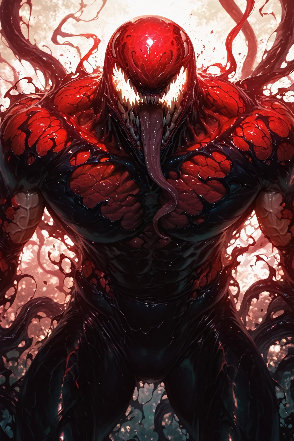 (beautiful girl face:1.45), megan fox as a vampiric muscular red carnage, (mouth wide open with tongue out:1.25), (red carnage anatomic muscular bio-mecha muscle suit:1.25), (body totally covered in muscles, veins, tendons), (perfect muscular anatomy),
