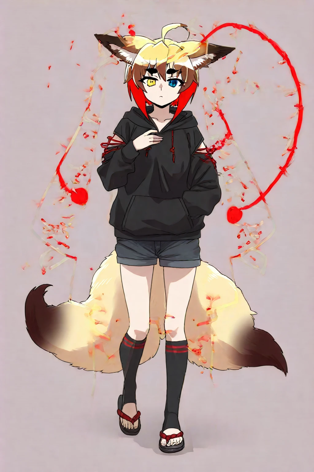NSFW, solo, kemono, female, orange hair, yellow eyes, wear black hoodie, wear black skirt, wear red bow tie, wear black glasses, no smile, confused, blushes, tongue out, close one eyes, look at tentacles, red tentacles, tentacles sex, lot of tentacles, tentacles in pussy, cum inside, lot of cum, standing, forest background, tall tree, night time, high view, high details