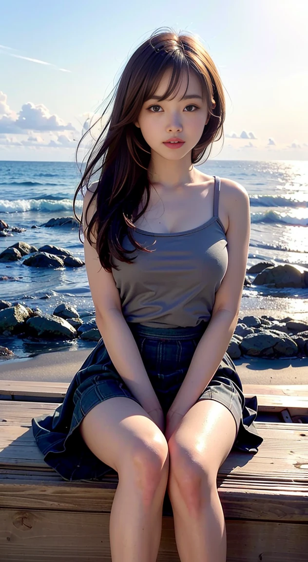 (​masterpiece, best quality:1.5), highest quality, High resolution, super detailed, Realists, Upper body of a Japanese 22-year-old woman, detailed and beautiful eyes, beautiful detailed lips, very detailed eyes and face, longeyelashes, 22 year old woman in a chiffon top, Beautiful and colorful makeup, elegant and noble々Pose,shiny satin headband,, Beach and sea as background, bright daylight, bright colors, fine brushstrokes, Portrait style, beautiful color palette, glowing skin, First-class rendering, that captures every detail, enchanting atmosphere, (perfect anatomy:1.2), (The stunning woman wears a satin tank top and a short pleated skirt (magnificent panorama view:1.2)
