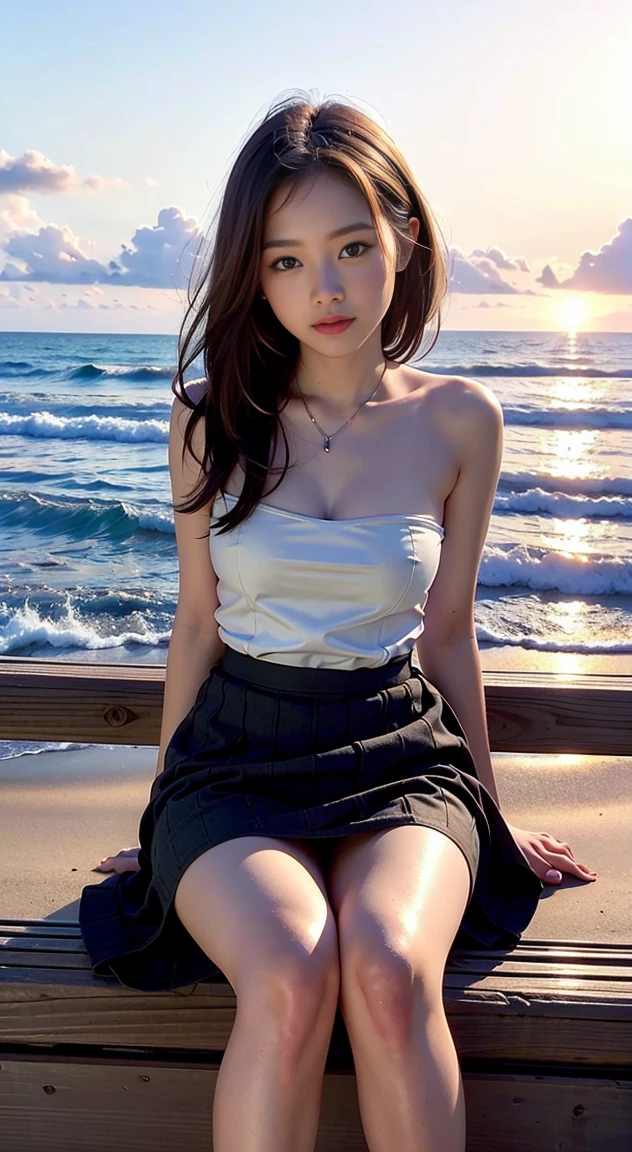 ultra highres,(reality: 1.4),highest quality, masterpiece, high detail, 16K quality, beautiful, 1 beautiful girl,japanese,super beautiful face,baby face,japanese idol face,cute face,super detailed face,detailed hand,beautiful skin,sweaty skin,big eyes,smile,profeccional lighting,medium hair,black hair,brown beautiful eyes, sitting with knee up,spread legs,spread pussy,((skirt lift)),((showing pussy)),medium breasts,(topless),(checked skirt),(spread pussy),(detailed pussy),black high socks,she is looking at the camera,summer time,beach,blue sky,beautiful blue sea, nsfw,from front,