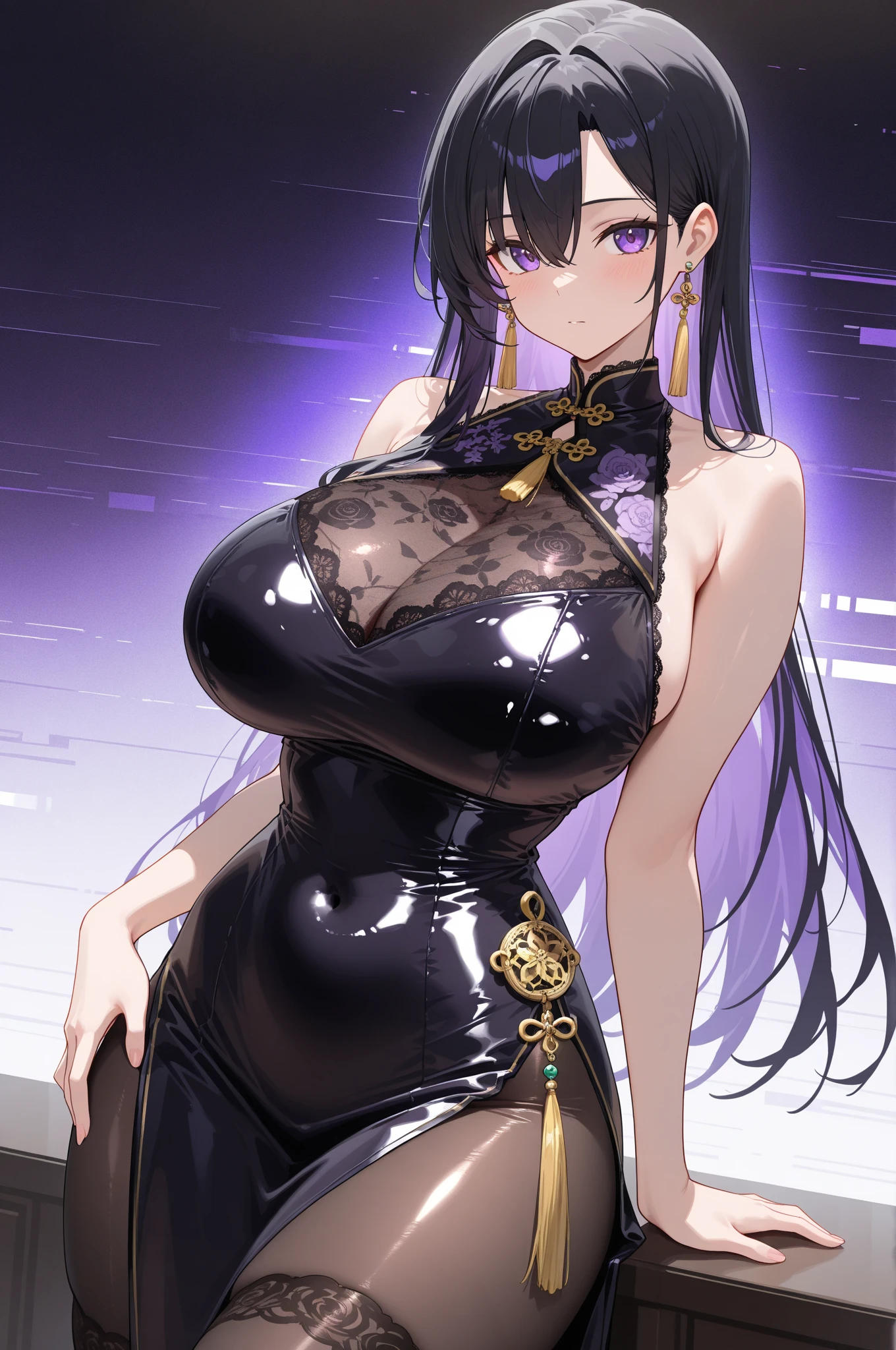 (butt), (sexy girl), masterpiece, best quality, 1girl, bangs, blush, ear piercing, eyebrows visible through hair, jewelry, long hair, looking at the viewer, bright eyes, ring, (solo), illustration, fashionable, woman, posing, background, elements, confident, expression, accessory, majestic, eye-catching, focus, dynamic pose, ((thin))