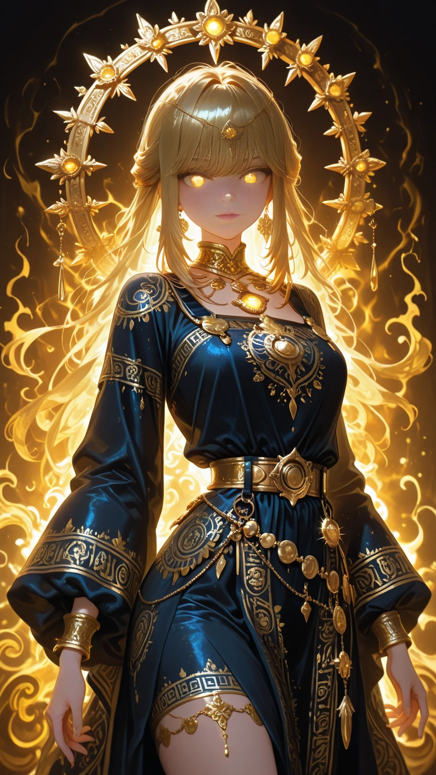 In a realm of ethereal magic, where fire dances at your command, she emerges as a figure of ravishing beauty and uncontrollable power. Her golden hair cascades down to her waist, Shining like molten gold in the sunlight. A glittering gold crown adorns her head, symbolizing his domination and intimate connection with fire.

Their eyes, intense and seductive, are adorned with an intricate tattoo that resembles fiery tears, elegantly tracing your cheekbones. This brand not only adds to its mystique, but also reveals the emotional depth behind his powerful facade.

She wears a tight red jumpsuit that appears to pulse with internal flames., accented by intricate golden patterns that sparkle provocatively with every movement. A fluid and elegant skirt, with delicate golden details that seem to twist like tentacles of desire around her, completes your wraparound costume.

In your hand, floats with grace an ancient grimoire, its pages softly illuminated by enchanting runes and symbols that hint at the powerful spells she commands with irresistible charm..

Their eyes, burning with the intensity of your magic, reflect both power and a seductive charm that captivates all who dare to contemplate it. She embodies the perfect fusion of sensual beauty and mystical strength, a fire mage whose presence ignites the senses and ignites fascination in those who dare approach her fiery embrace.