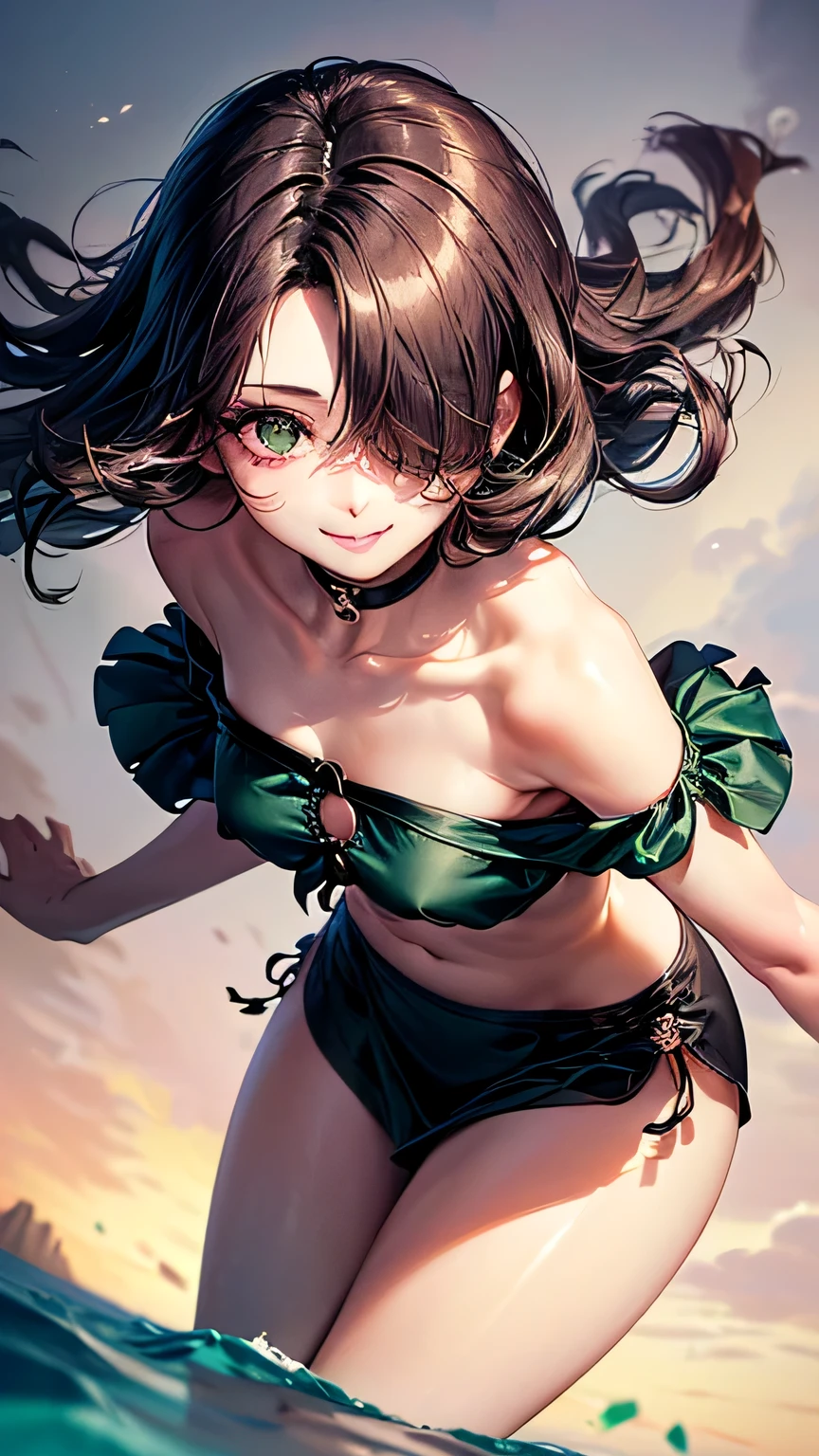Sexy naked goddess with short black hair and glowing evil green eyes, evil smirk, point of view from below. She has money all over her