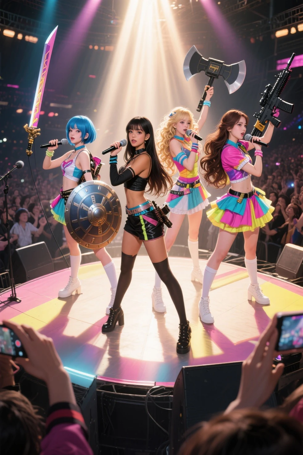 A girl band, 4 women ((varied height, varied age)cute, big colorful hair, click bait outfits, sequins) dance and sing center stage. glitter bombs. fireworks
