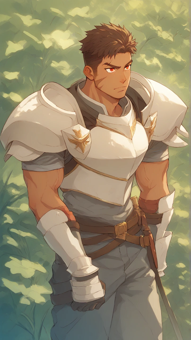 score_9, score_8_up, score_7_up, score_6_up, source_anime\(Overlord\), perfect anatomy, perfect proportions, best quality, masterpiece, high-resolution, high quality, aesthetic, absurdres, (male focus), solo male, Gazef Stronoff \(Overlord\), brownish black hair, short hair, sideburns, black eyes, facial hair, chinstrap beard, jawline beard, Warrior Captain Armor\(Overlord\), Gazef's Armor\(Overlord\), breastplate, shoulder armor, forearm armor, brown gloves, khaki pants, hip armor, adult, mature, masculine, manly, handsome, charming, alluring, smile, upper body, dutch angle, cowboy shot, photo background, shy, clouds, feet out of frame, from below<lora:EMS-432575-EMS:1.000000>