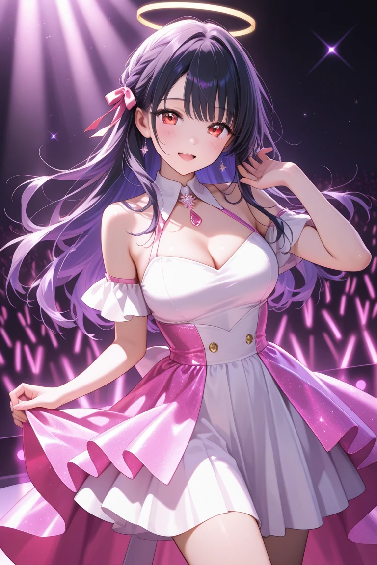 (((chef-d'artwork))),(((best quality))),((super detailed)),(illustration),(angle dynamique), ((flottant)),(peinture),((disheveled hair)), (seul),(1 fille), ((petit_)), (((detailed face))),((beautiful and delicate visage)),collier,shoulder, cheveux blancs, ((colored hair)),((striped hair)), Beautiful and delicate eyes,(gradient eyes),(((Colorful eyes))), (((Colorful background))),(((high saturation))),(((surrounded by'splashes of'colored water))),(((surrounded bye points colorés))),Colored bubbles,((brillant))