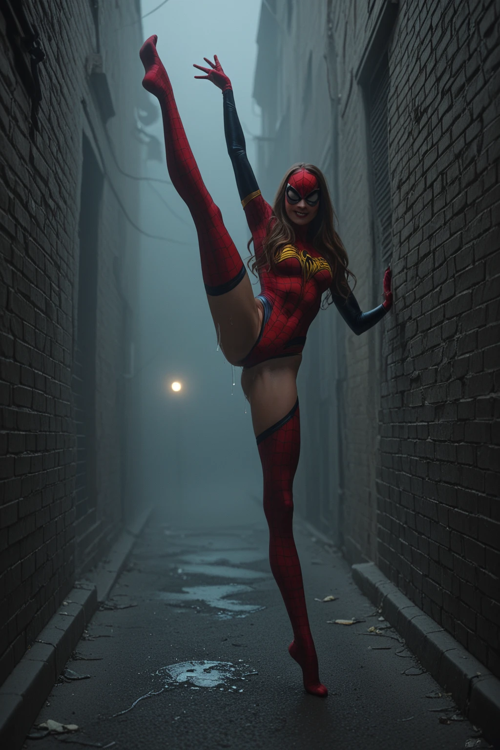 Camera zooms out quickly to reveal the full body red suit of a powerful sci-fi angel with majestic red mechanical metal wings as she performs a perfect somersault mid air while brandishing her katanas in dynamic motion, her hair is and her wings are flapping accurately, camera pans out center