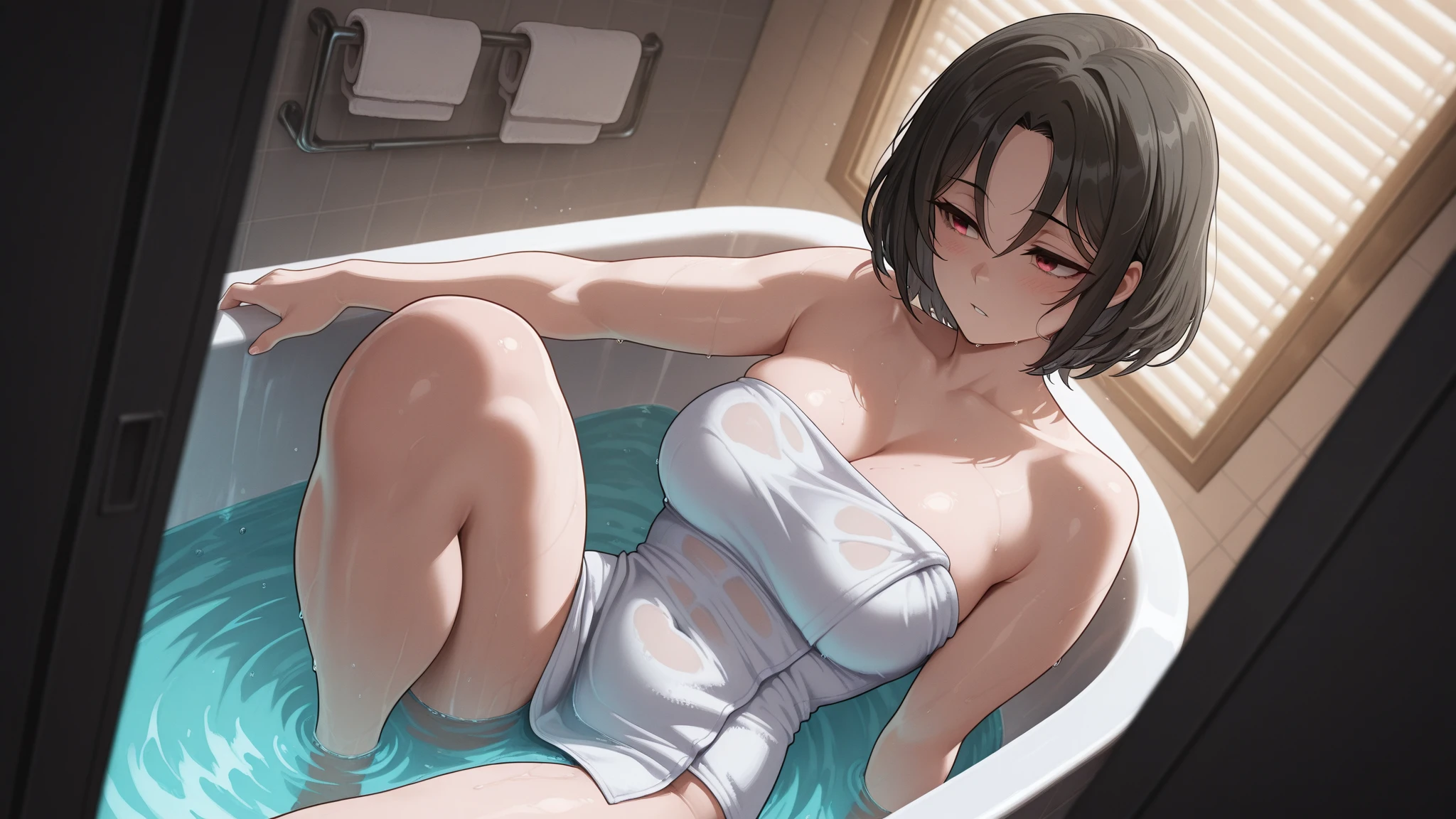 punk girl with glasses, naked, With a blushing face and it would be, in a bathtub with water, bathroom and sink, short brown hair, detailed face, big breasts,lying in the bathtub, with feet raised, showing your plants, high quality, high resolution