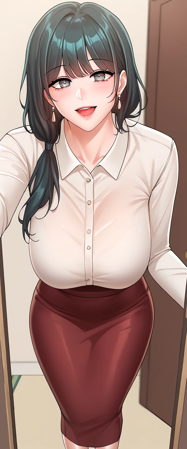 score_9,score_8_up,score_7_up, source_anime, looking at viewer, smile, blush, fw.yerin, best quality, masterpiece, ultra-detailed, high quality, highres, 1girl, mature female, black hair, side low ponytail, beautiful, beautiful and perfect face, detailed eyes, detailed eyelashes, smile, open mouth, looking at viewer, pencil skirt, white collared shirt, earrings, jewelry, breasts, curvy body, POV, close shot, from the front, standing, (full body), in home, open the door, leaning forward