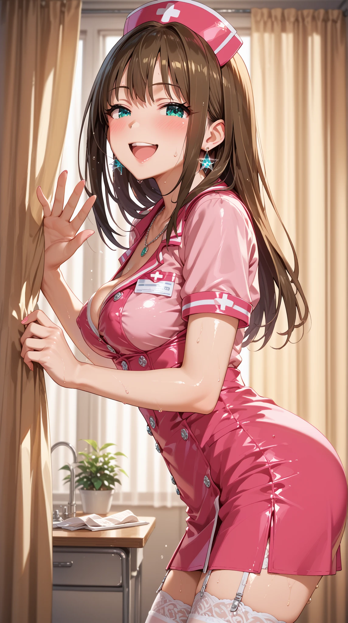 qualidade superior、membros completos、dedos cheios、beleza esbelta、cabelos lisos、brown hair、((Enfermeira Rosa Leotard))、Pink nurse's hat、white pantyhose、hospitais、Quarto Hospitalar、leito do paciente、Um grande sorriso、is standing、Dancing、((Harems))