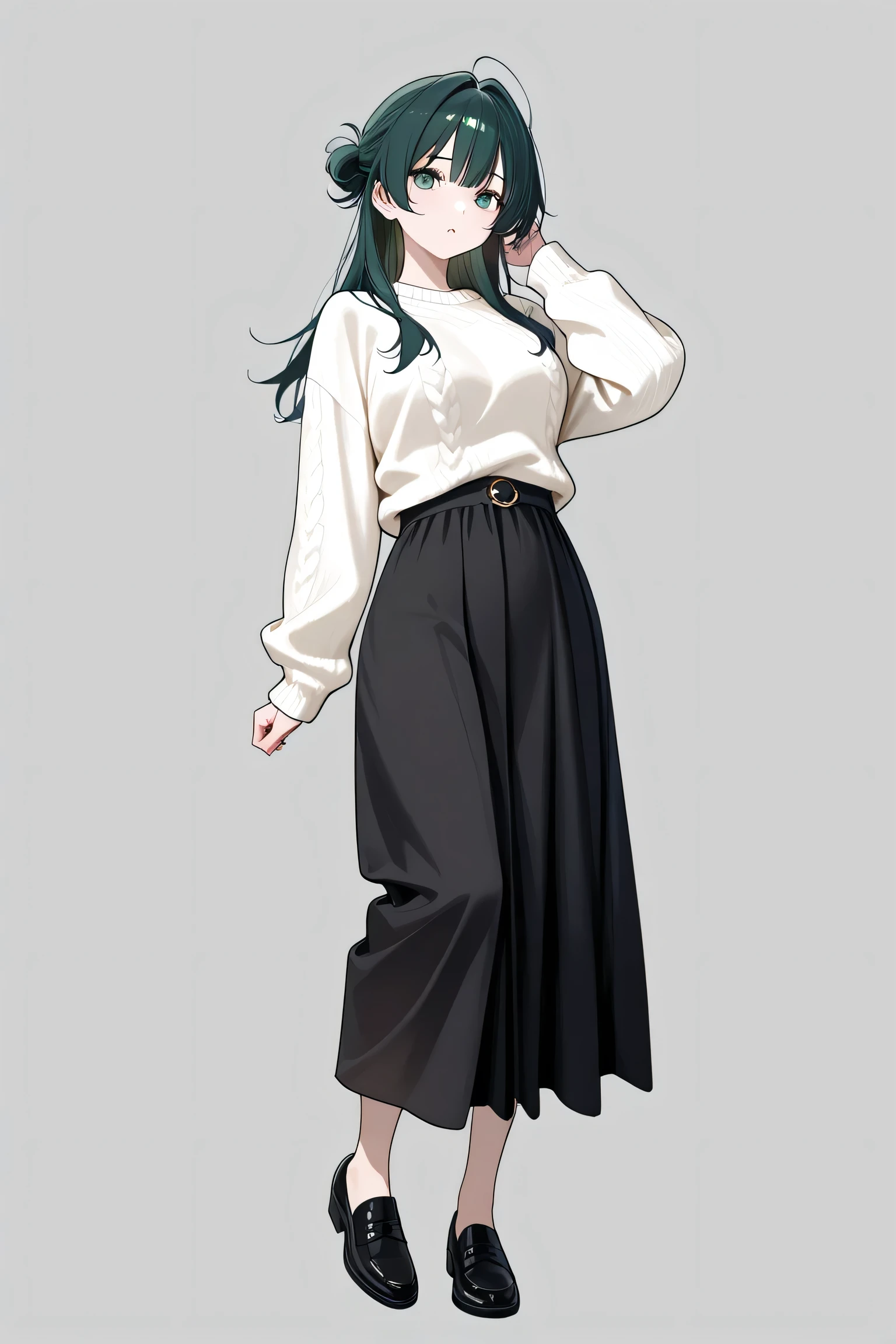 1 girl、standing、No expression、dark green hair、pale green eyes、white sweater、Black Long Skirt、Full Body