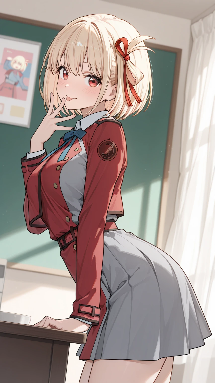 chisatonishikigi, nishikigi chisato, short hair, bangs, blonde hair, (red eyes:1.5), hair ribbon, one side up, bob cut, BREAK shirt, long sleeves, dress, ribbon, white shirt, collared shirt, belt, neck ribbon, red dress, blue ribbon, pleated dress, grey dress, two-tone dress, red belt, lycoris uniform,, BREAK looking at viewer, BREAK (masterpiece:1.2), best quality, high resolution, unity 8k wallpaper, (illustration:0.8), (beautiful detailed eyes:1.6), extremely detailed face, perfect lighting, extremely detailed CG, (perfect hands, perfect anatomy),　　　　　　best quality, extremely detailed, (illustration:1.2), high-resolution, 8k cg wallpaper, stunning art, (perfect lifted own skirt by self:1.3), line up show thighs completely, bare all navel, shiny eyes, very lovingly face, shy, (blush:1.2), , face to face, in the classroom, cowboy shot, front view, straight view, (all girls perfect show own pink panties completely:1.3)