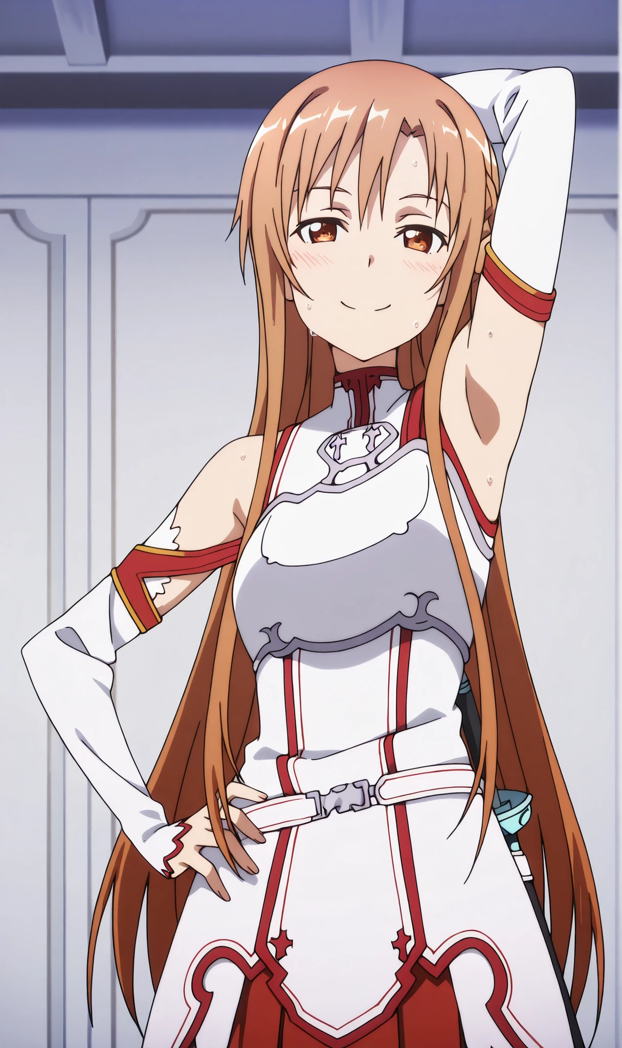 masterpiece, best quality, amazing quality, anime screencap, anime coloring, 1girl, solo, Yuuki Asuna, Yuuki Asuna SAO costume, White Armor, White plate, White isolated sleeve, (character), long hair, detached sleeves, bare shoulders, arm up, raised arm bent behind her head, armpit, showing armpit, sweaty, other hand on hip, standing in the center, eyes looking at viewer eye level, amused, confident smirk, femdom smile, interested, focused, dominate look, amused smile, narrow eyes, closed mouth, slight blush, white interior mansion background, armpit shadow,