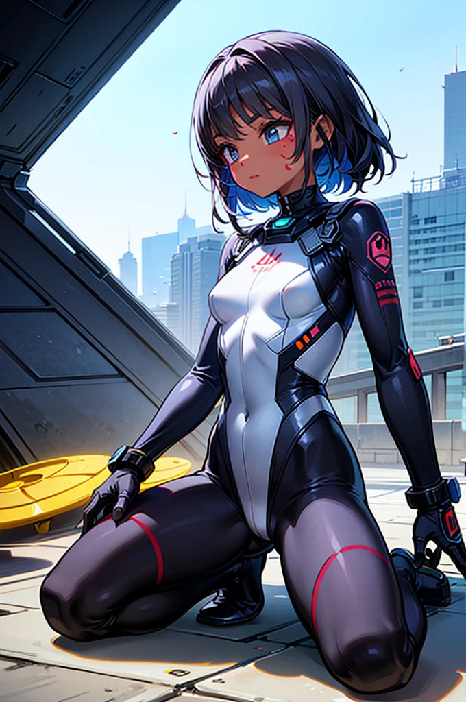 (A teen),dark skin,adorable captivating, dark brown hair , boy , green eyes , dark skin , 1 boy , boy , in black diver suit , He is smiling ,The blush gradually rises, fit body, 15 years os , But handsome。, boy , 1boy ,The picture style is fresh and simple,Rendered like a comic,The lens is shown as a vista,8k , (Anime style+Soft cute),Anatomically correct,Accurate