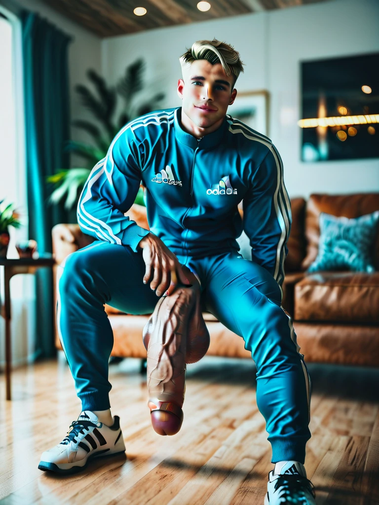 full body one young white boy with light-brown clean shaved undercut haircut, wearing pink soccer shorts and pink 'Messi' jersey, long soccer black high socks, no shoes, He is sitting on a black stool in his room where there is a beige leather sofa with cushions, we can see through the window, outside, a basketball hoop in a courtyard. His long black soccer socks must be seen