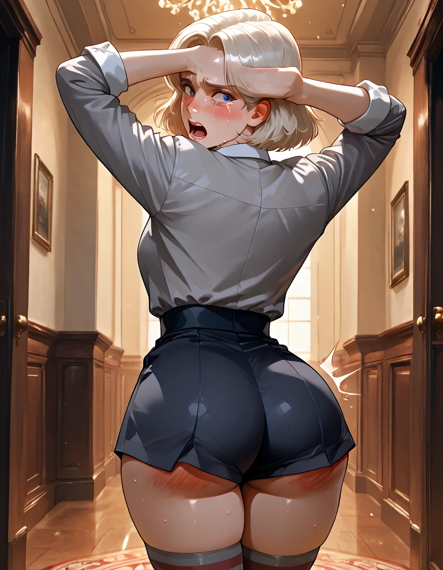 1 girl,light hair,bare,sidelocks,sitting,ass,butt_crack,thighs,looking back,masterpiece,best quality,very aesthetic,absurdres,pantie,wariza,ass focus