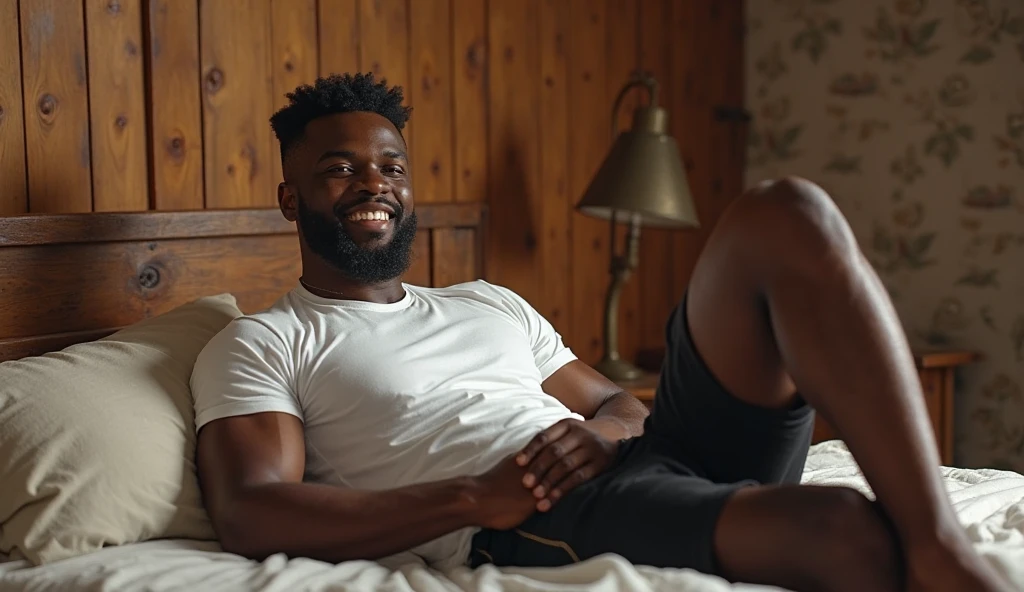 a sweaty black muscular man in him sofa, wearing a black tank top that shows his nipples and red plaid shorts that show the bulge of his enormous erect male member