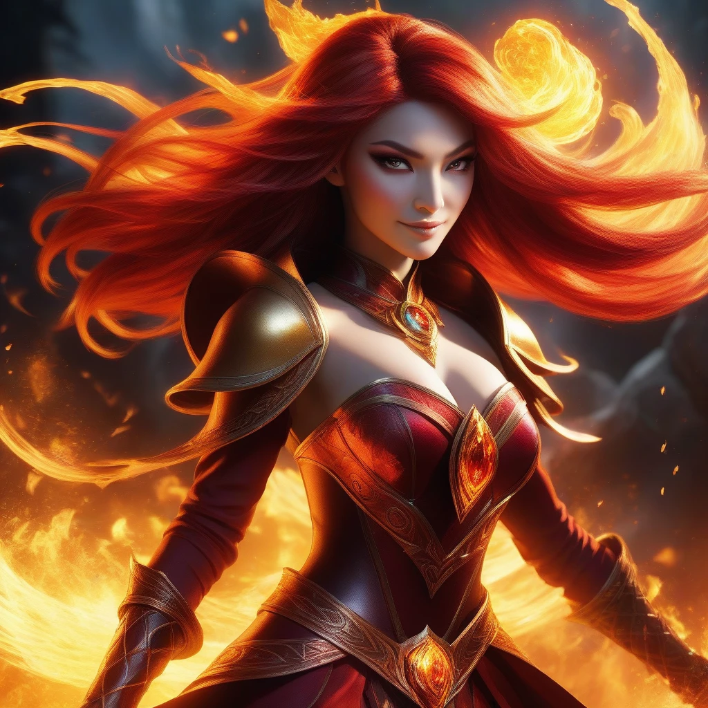 there is a vampire woman with red hair and sword in her right hand, crimson red hair and blood red eyes, full body, sexy armor, game art, bloodred moon background, 4k, ultra realistic, fighting pose