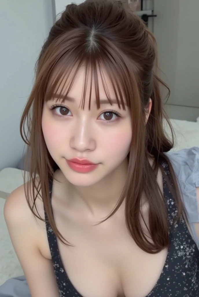 best quality, ultra high res, (photorealistic:1.4), 8k resolution, girl, (brown random hair:1.3), (realistic hair:1.2), (Korean girl:1.2), (realistic eyes:1.2), (beauty face:1.3), perfect body, white pale skin, big breast, cleavage, (mouth and tongue open:1.2), (top angle:1.3), (wet thong:1.2),