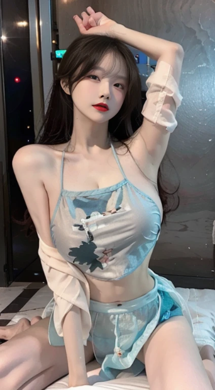 (masterpiece), best quality, expressive eyes, perfect face, beautiful teenage girl, rosy cheeks, shiny lipstick, clean bright white skin shining, perfect round breasts, gigantic breasts, firm breasts, prominent nipples, beautiful white girl, rosy cheeks, makeup, big eyes, sharp nose, glossy red lips, huge round breasts, pure white bright shining skin, huge breasts, raised both hands, smooth white armpits, navel, xiaorouseeu, naked, pussy, perfectly round breasts, unaligned breasts, fake tits, breast implants, hair bangs