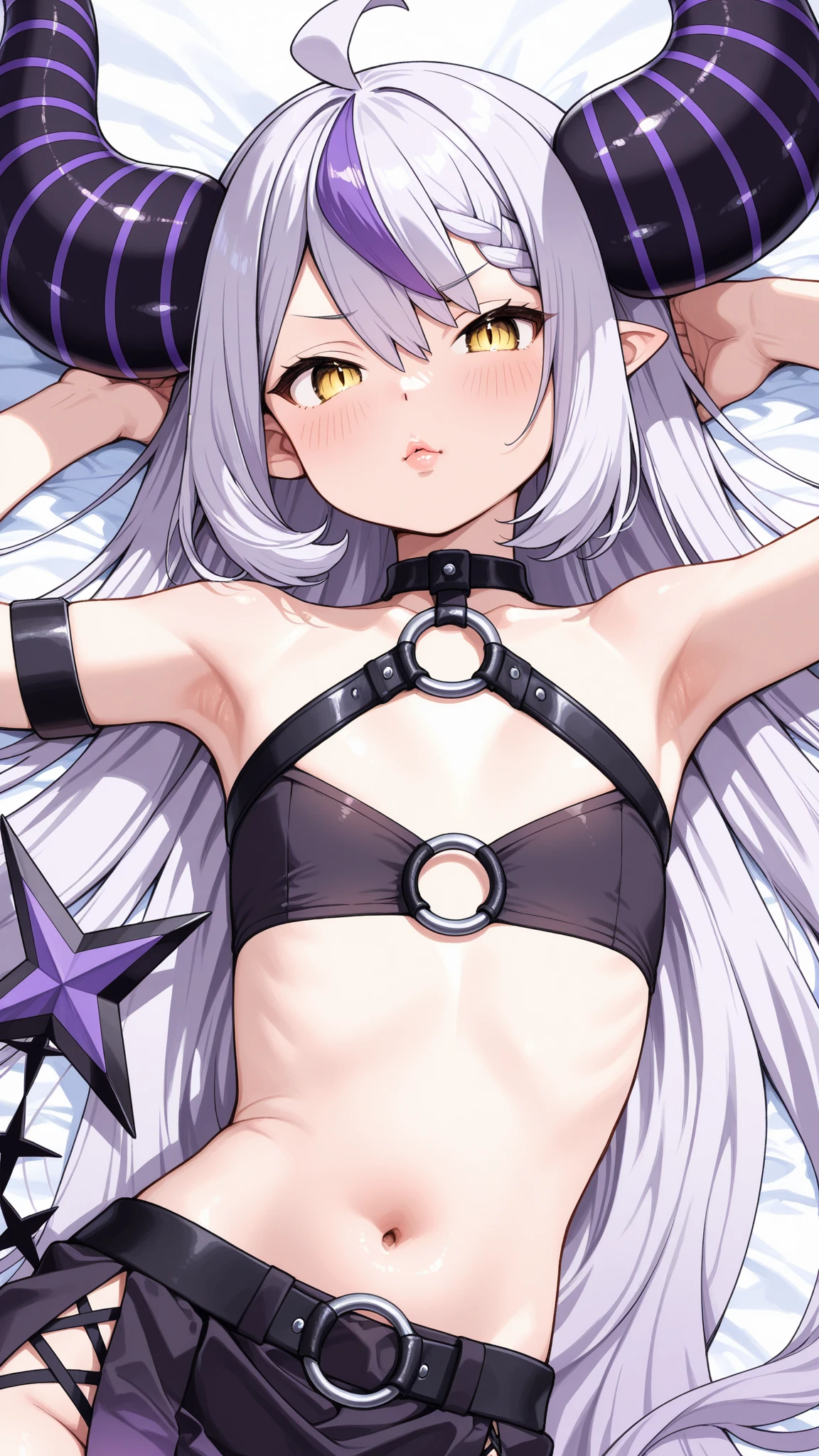 illyasviel von einzbern, long hair, (red eyes:1.5), white hair, female, solo, 1female, toned, wide hips, very skinny, very thin, very slim, very slender, thick thighs, ifbb, thin waist, slendered abs, narrow waist, small waist, erection, boner, futa_overflow, futanari, gaming room background, bedroom, dark, lights out, smiling, excited, flat chest, flat chested, on all fours, bulge, bulge in the crotch, goth, gothic, fishnets, long hair, bikini harness, stripped fingerless long gloves, skull patterns, belts, ropes, spiky choker, steamy, sweaty, pentagram, on a bed, led rgb lights, dildo, sex toy, no panties, naked, nude,