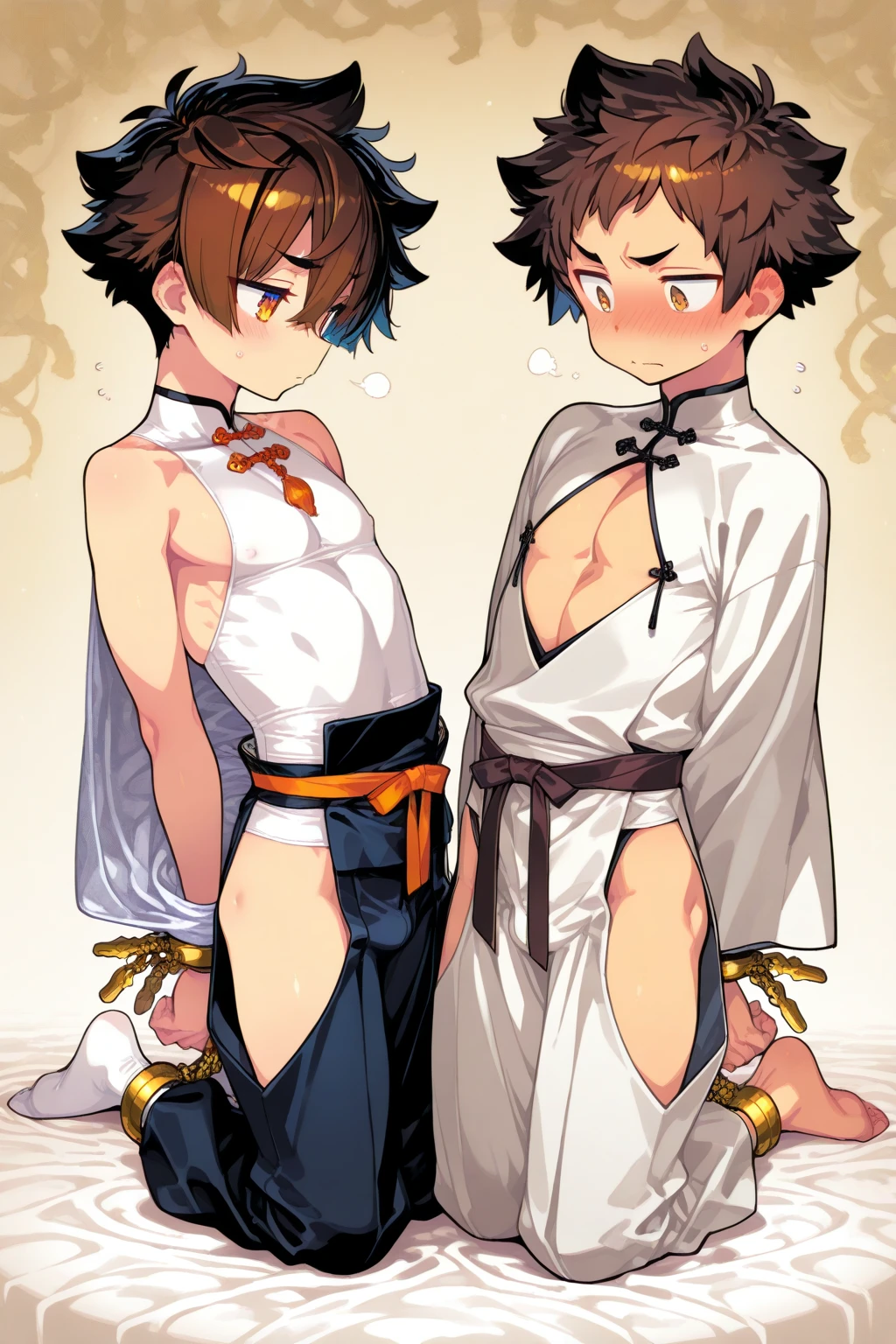 super fine illustrations,Animate,1 boy,???? expression,Sexy,Gay,pleasant sensation,vehement,perspired,Shirtless,Heart to eye,Ponytail hairstyle，brunette color hair,blue color eyes,White skin,Full body like，Femininity，Wear only briefs，There is a milky white liquid on the body，There are pronounced male genitalia，One man only，drools，drenched all over the body，Precise legs，（Conspicuous male genitalia），(Urination:1.4),（pee stain, pee stream,  wetting, pee puddle），A little boy 150 cm tall