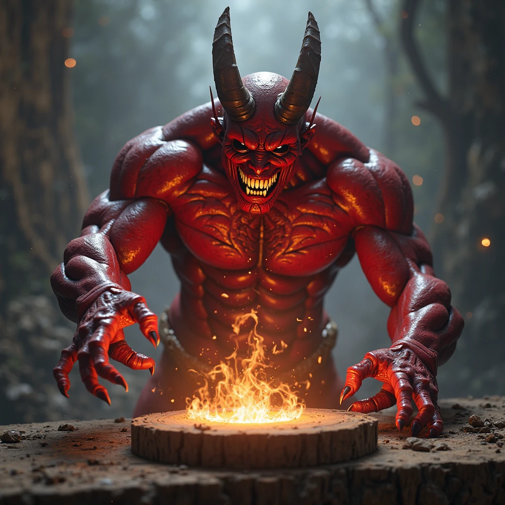 (halloween theme:1.3), (devil:1.5), (devil:1.5), scary muscular devil, standing on broken jack O'lantern, halloween day, dark background, european castle, fire aura background, appear from hell door,