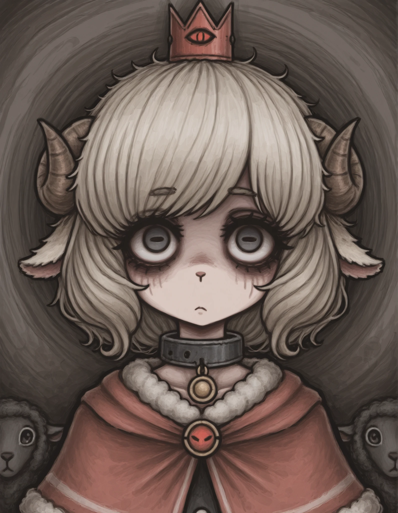 MCNS322MGG, faux traditional media,, masterpiece, best quality, very aesthetic, 1girl, solo, cult of the lamb, sheep girl, collar, horizontal pupils, red/black eyes, red crown,
