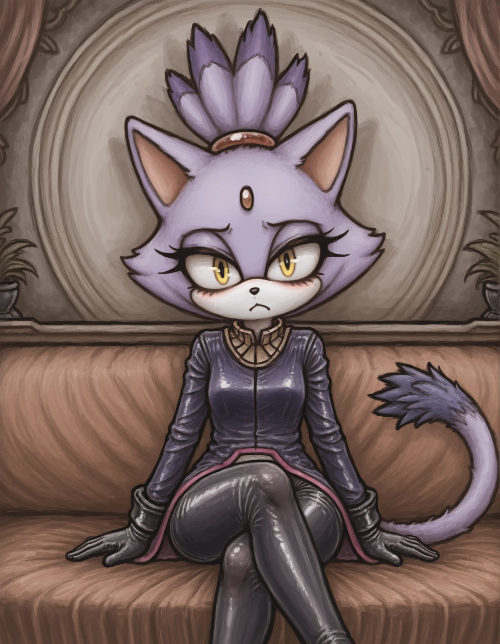 MCNS322MGG, faux traditional media,, 1girl, solo, latex, latex gloves, latex legwear, crossed legs, looking at viewer, relaxed expression, furry, blaze the cat, purple fur, topknot, ponytail, cat tail, yellow eyes, extremely detailed, highres, masterpiece, best quality