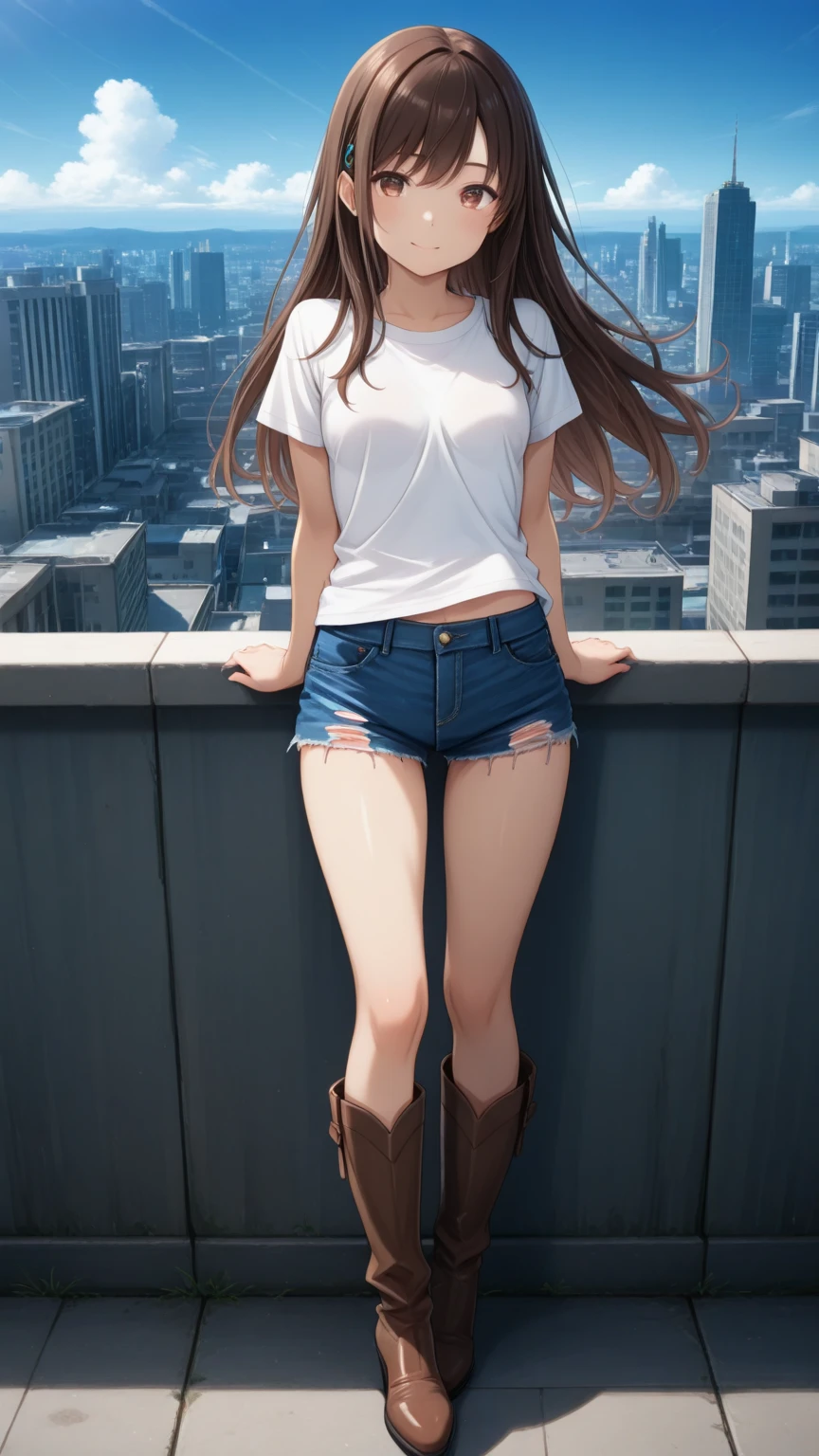 (lifestyle photography ) of beautiful girl, 20 age,detail face, detail eyes, slim body,long hair, brown hair, (wearing croptop, miniskirt), (panties:1.1), (standing in front of camera,looking at camera), blue sky in background ,(from below, low angle:1.2),(natural lighting :1.2), FujiFilm X-T4,blue luminous eyes