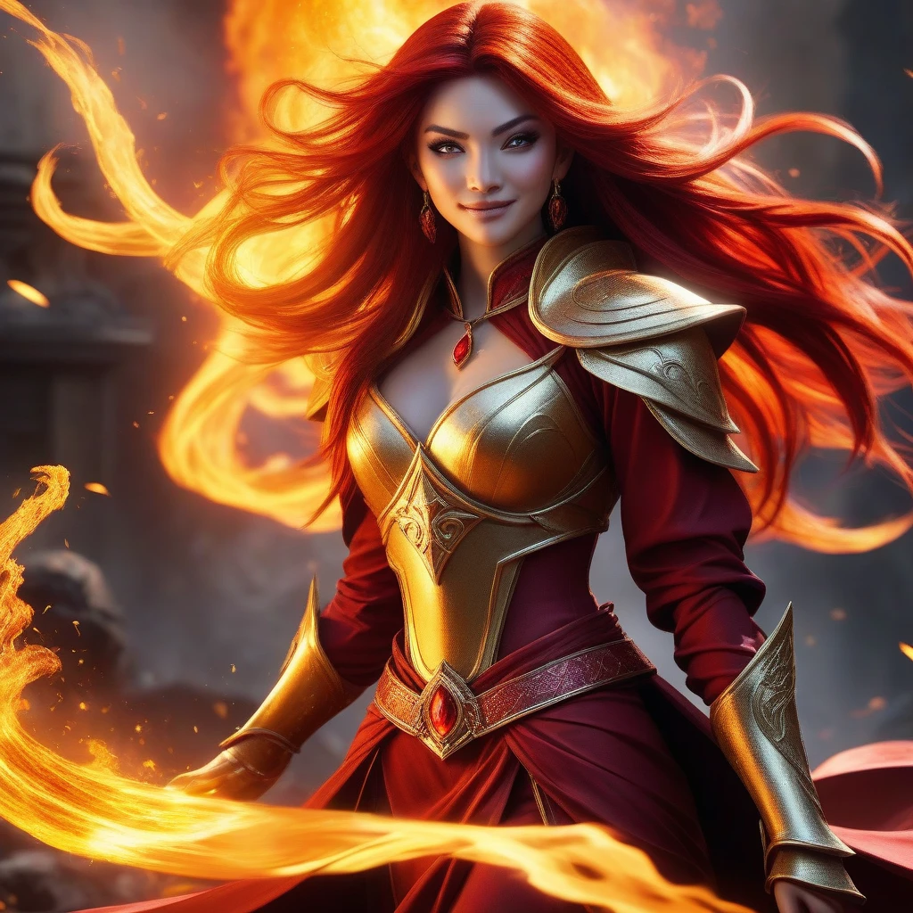 Create an illustration of a girl with hair made of fire. She has a vibrant orange skin tone and appears to be 21 years old. Her hair is styled in fiery flames that flicker and dance. The girl is wearing medieval-inspired clothing, reminiscent of a fantasy setting. The outfit should feature elements such as flowing robes, intricate embroidery, and a mix of warm colors like gold and deep reds. Her eyes are also made of fire, glowing with intensity and casting an ethereal light. Capture the fierce and mystical essence of this fiery-haired girl in your illustration.